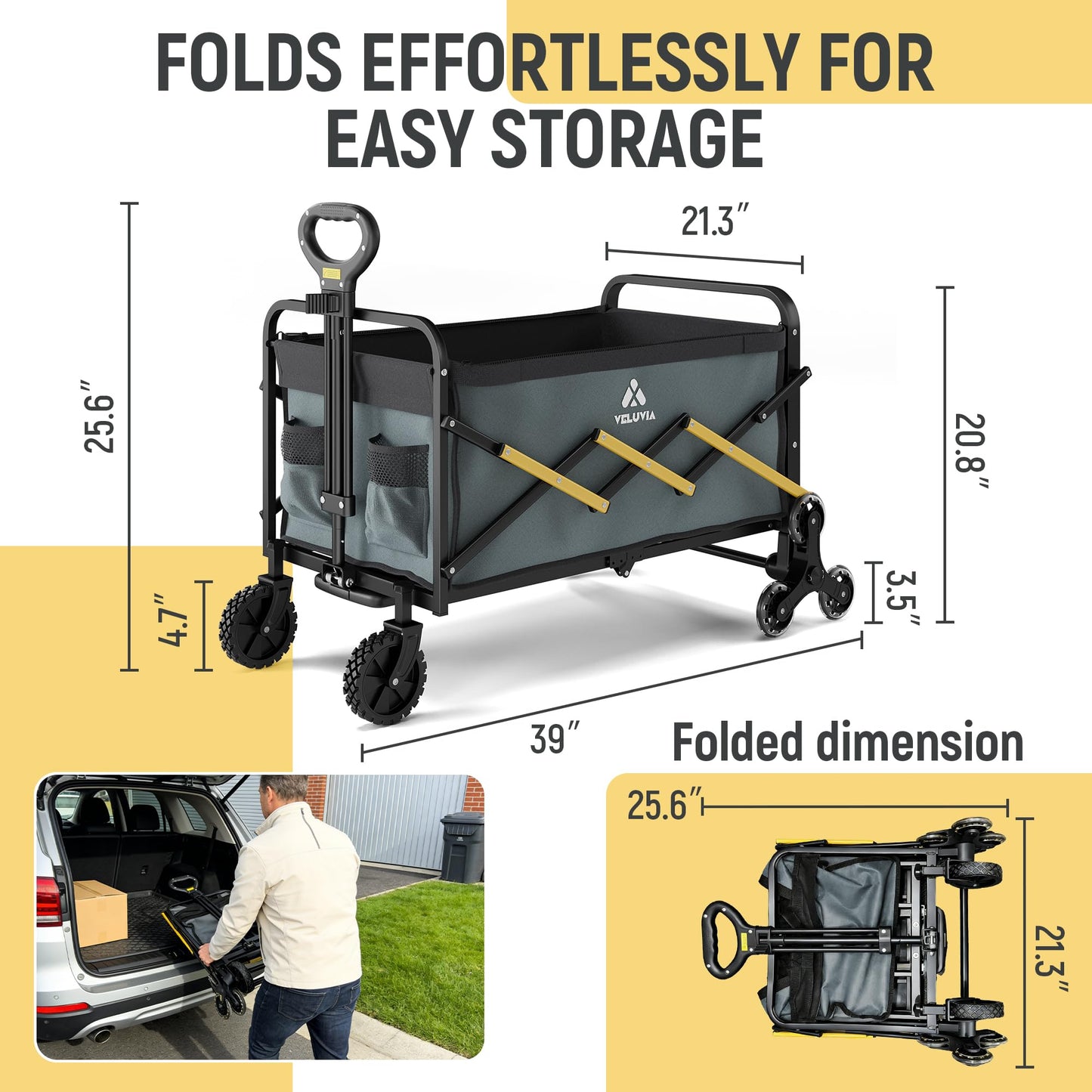Folding Utility Cart with Triangular Wheels - 2 in 1 Collapsible Stairs Climbing Wagon, Lightweight Shopping Hand Truck with Telescoping Handle for Groceries, Laundry, Travel, Move, Office