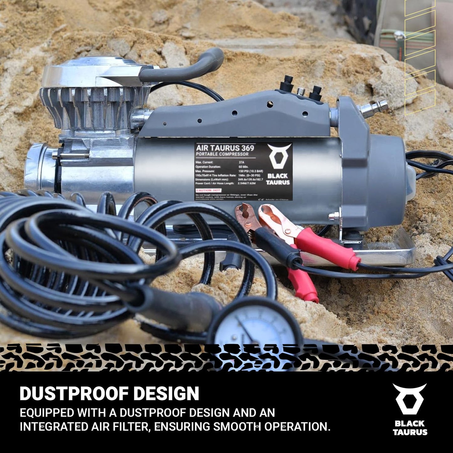 Black Taurus Portable Air Compressor - 12V Air Compressor / 24V 150 PSI for Car, Truck & 4x4, Dual Motor Heavy Duty Tire Inflator, Tire Inflator with Gauge, Long Air Hose - Air Compressor 369
