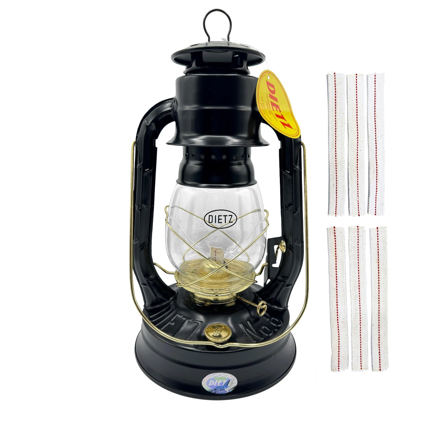 LIGHT OF MINE Oil Lantern - Dietz #08 Air Pilot, Black with Gold Trim, Metal, Replacement Wick Strips Included