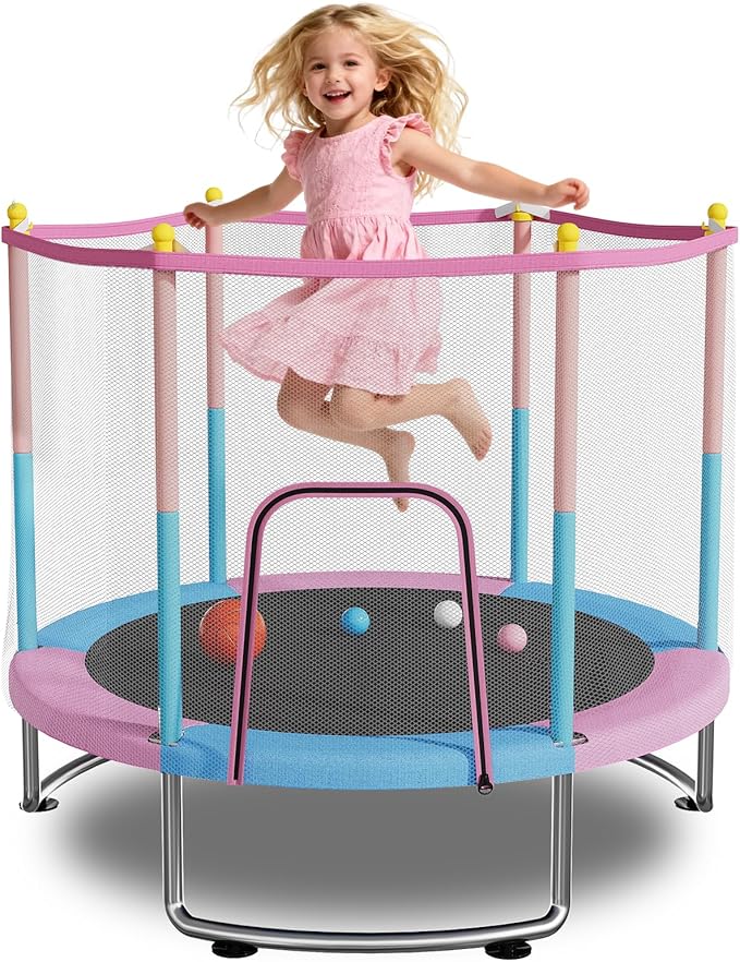 Kids Trampoline with Safety Net – 440lbs Capacity, Upgraded Rust-Proof Ring Legs, Adjustable Gymnastics Bar & Toys – Indoor Outdoor Toddler Trampoline for Boys & Girls Ages 1-8