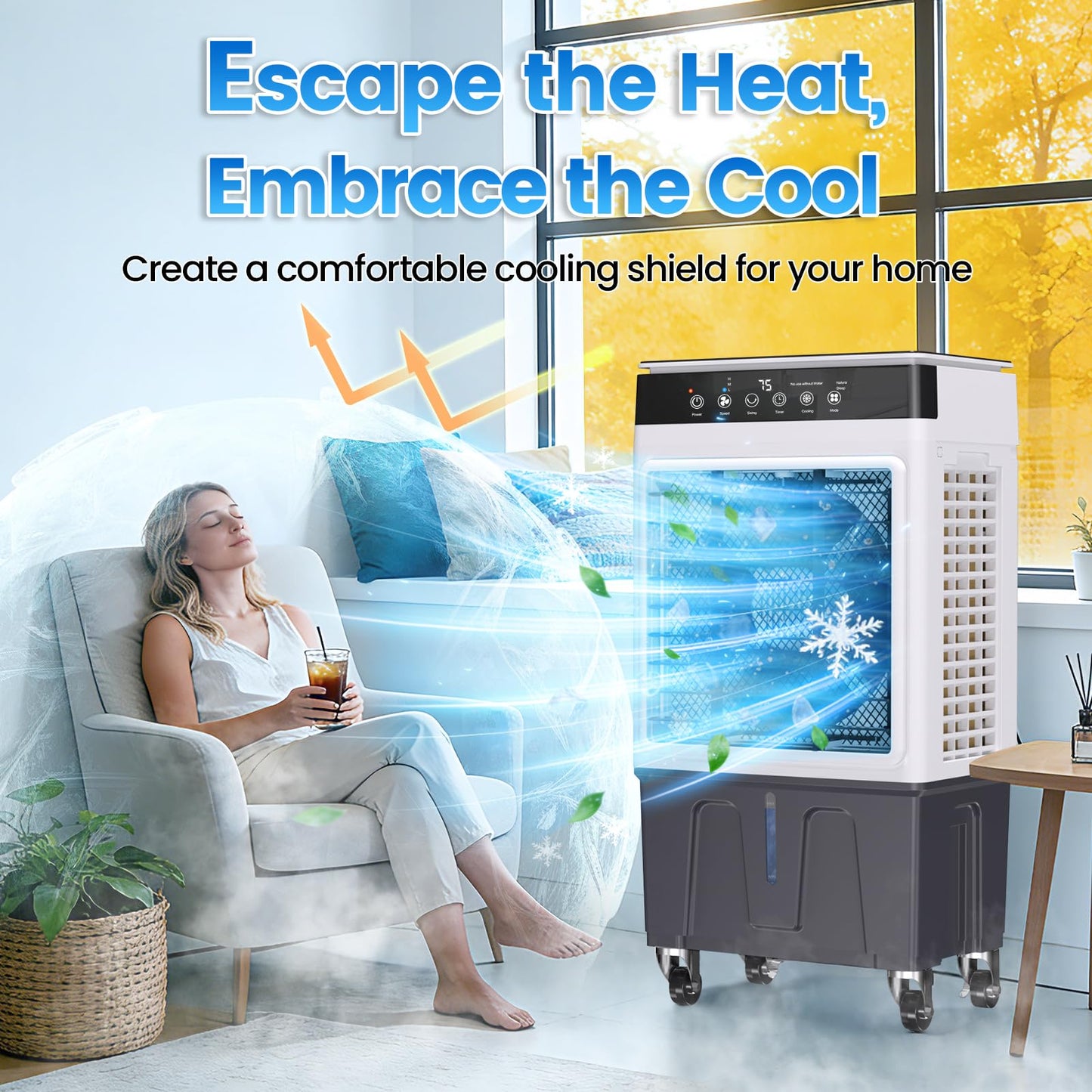 Swamp Cooler Air Conditioner, 4-in-1 Evaporative Air Cooler with 7.5-Gal Water Tank, 4 Modes, 3 Speeds, Dry Burn Protection, Remote, 12H Timer, Portable Windowless AC for Home, Office, Garage