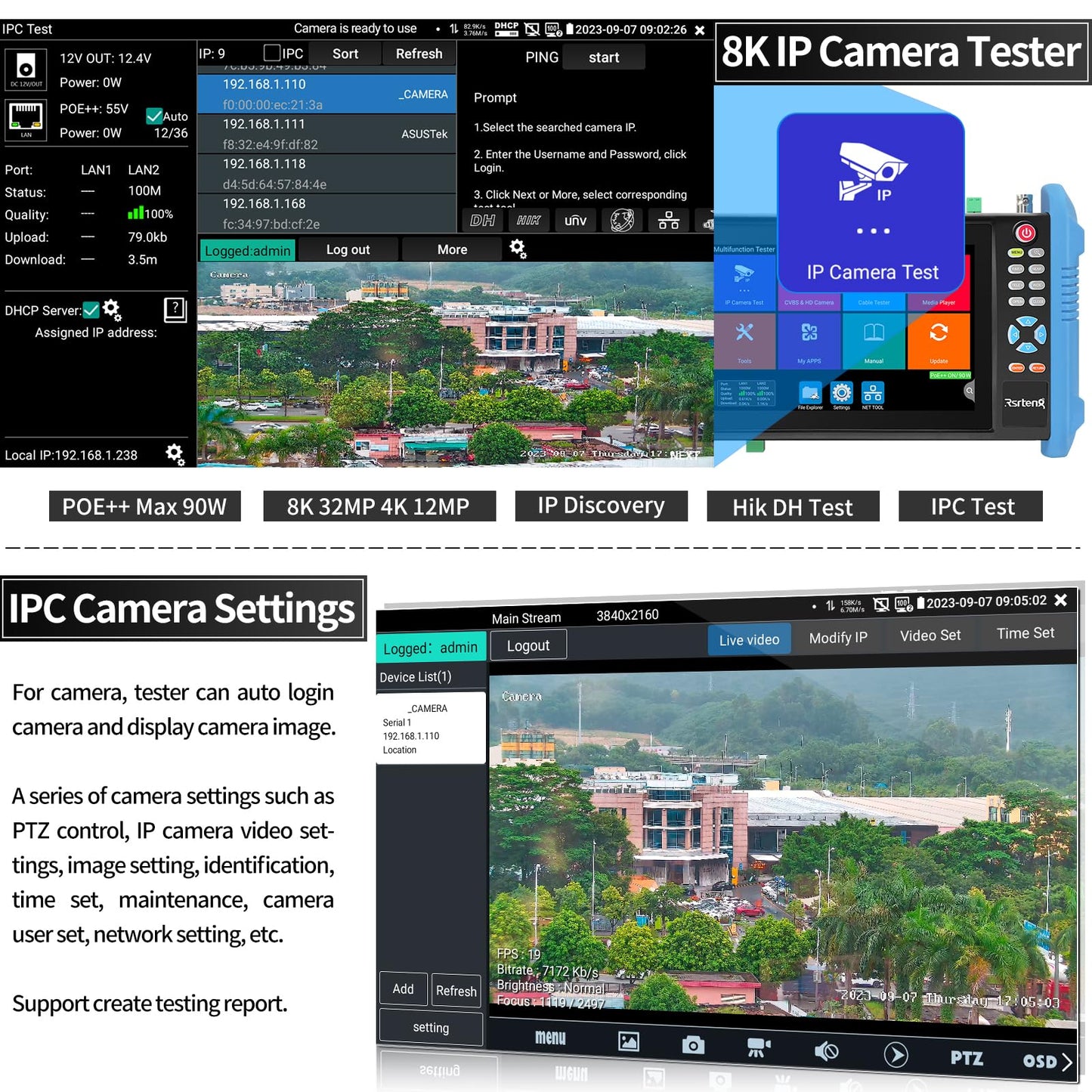 Rsrteng CCTV Camera Tester, 8K 32MP 4K 12MP IP Camera Tester with POE++, CVBS Camera Tester, 1CH SFP Interface 7" IPS Touch Screen Cable Tester Network Tool Support HDMI IPC Tester IPC-9800Pro