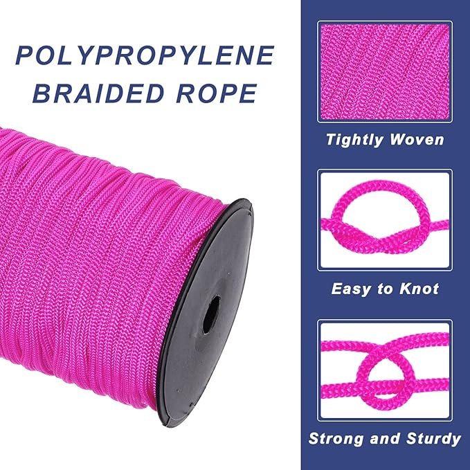 MECCANIXITY 3/16 Inch Polypropylene Rope Braided Ropes, 328ft Nylon Rope Hollow Utility Cord for Clothesline, Camping, Hiking, Outdoor, Rose Red