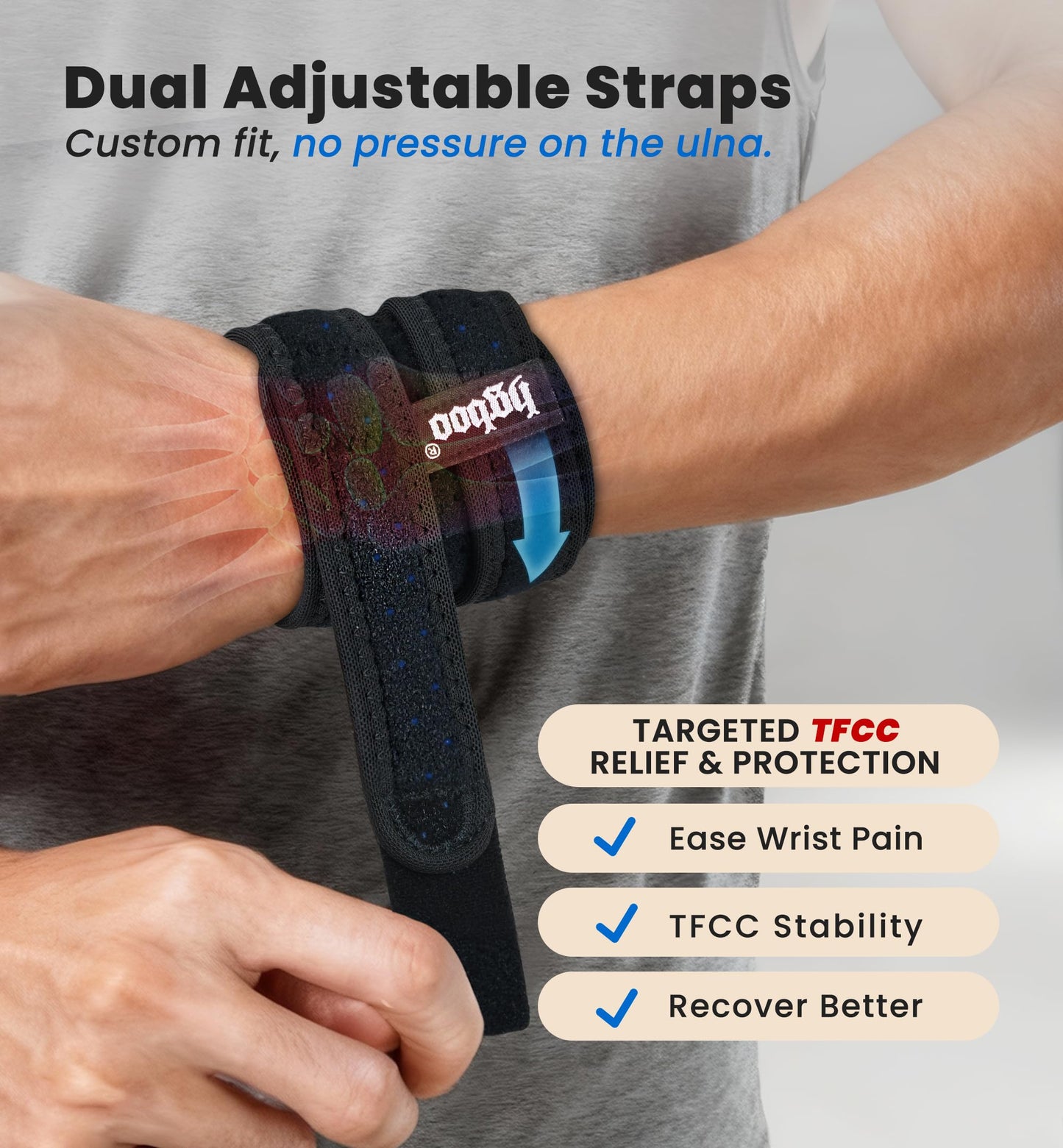 HGBOO 2-Pack TFCC Wrist Brace Support for Ulnar Pain, Carpal Tunnel & Tendinitis Relief, Dual Adjustable Straps Wrist Wrap, Breathable Comfortable Wrist Brace for Sports, Work & Daily Use (Black)