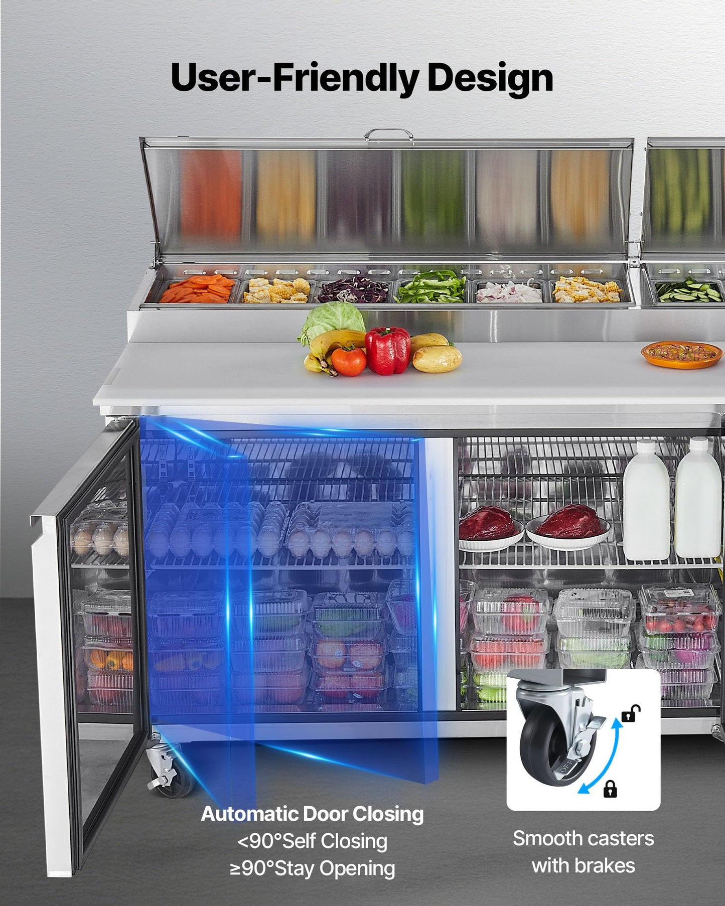 VEVOR 67"W Commercial Refrigerator, Pizza Prep Refrigerated Table, 19.3" Ultra Wide Countertop Food Prep Fridge, 20.3 Cu.Ft Single Door Salad Prep Fridge, 9 Pans Pizza Make Worktop with Cutting Board