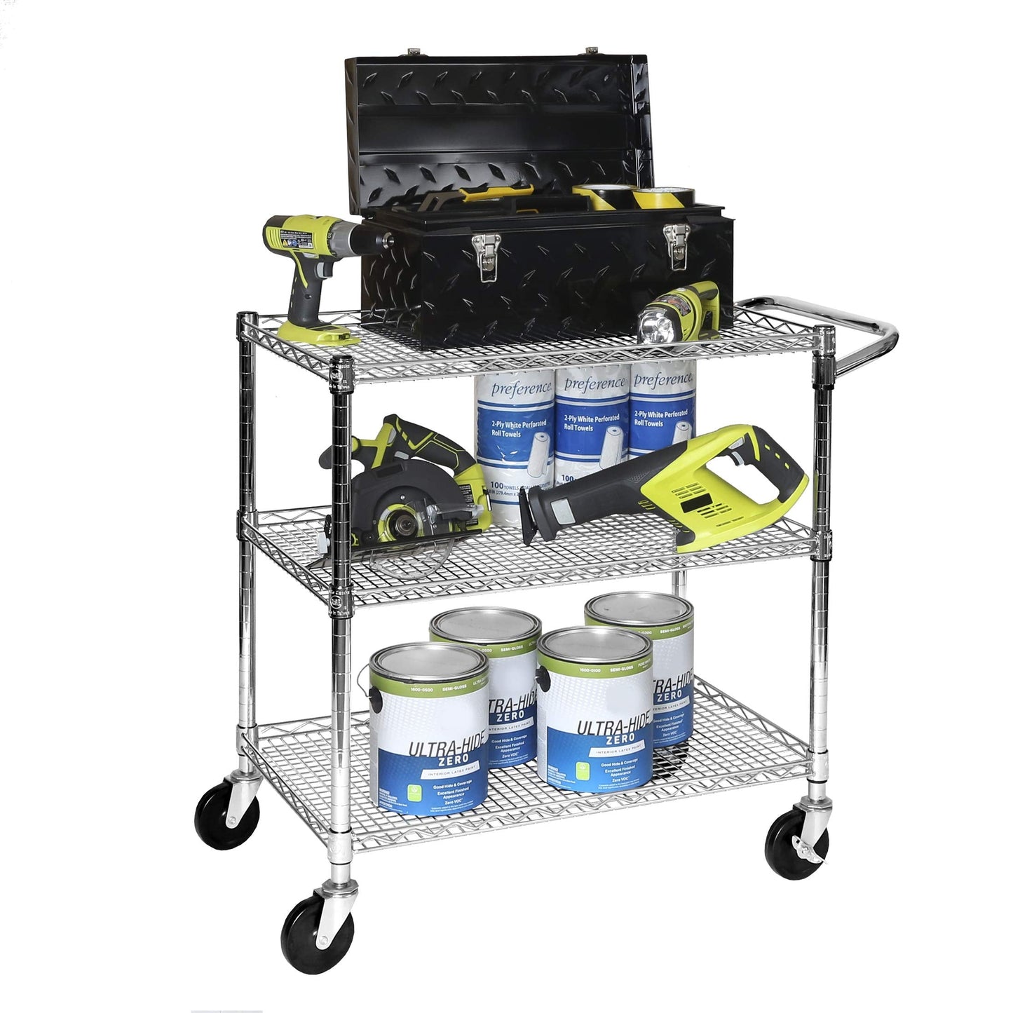 Seville Classics UltraDurable NSF Commercial Heavy Duty Metal Rolling Utility Cart, w/ Steel Shelves, Handle Bar for Restaurant, Garage, Warehouse, Kitchen, Office, Top Shelf (36"W x 18"D)