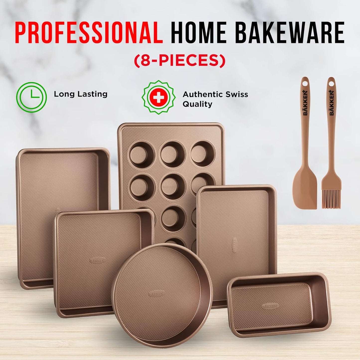 Regine Switzerland Bakeware Set - 8-Piece Non-Stick Professional Baking Pans - Gold Muffin & Loaf Pan