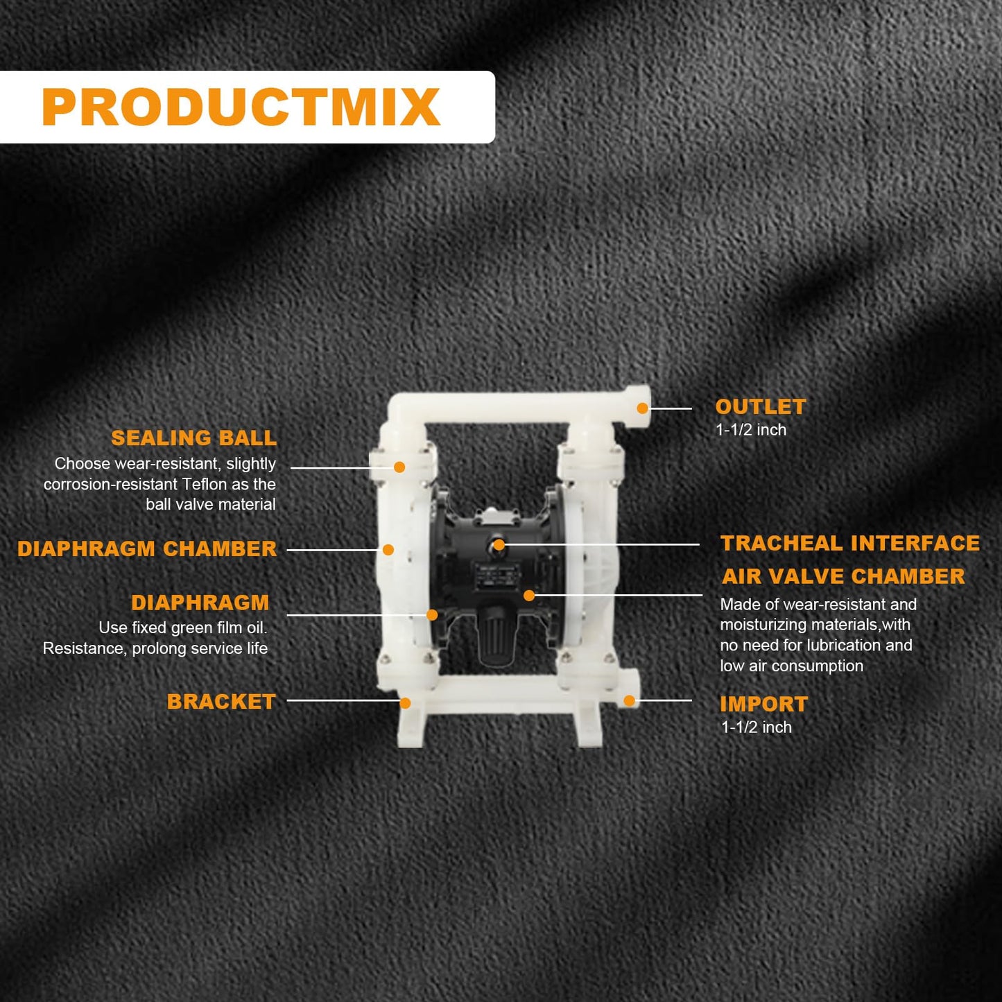 Cozyel Pneumatic double diaphragm pump, 1-1/2 inch inlet & outlet DN40, polypropylene body, 35GPM and Max 120pSI, chemical pump bleaching oil transfer