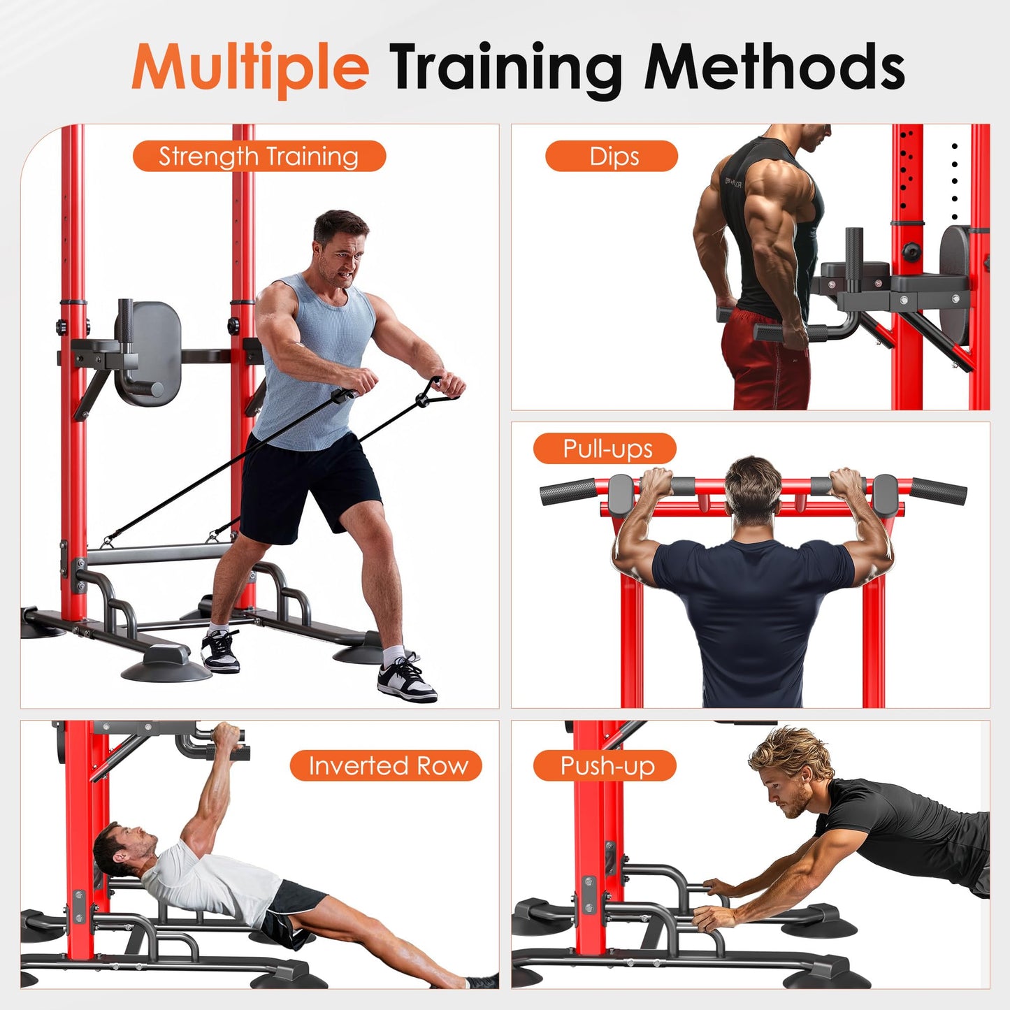 SogesPower Power Tower Pull Up Bar Station, 12-Level Adjustable Multi-Function Pull Up Dip Station for Home Gym, Pull Up Bar Stand Dip Bar Strength Training Fitness Equipment, Red with Resistance Bands