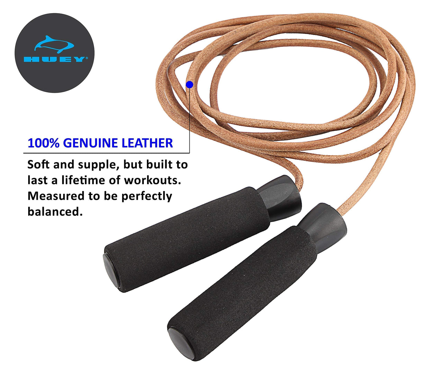 HUEY Sport Leather Jump Rope Skipping Rope for Speed Quiet Training Boxing MMA Cardio Crossfit Fitness Workout Indoor and Outside Exercise for Adult Kids Men and Women (5.5 oz)