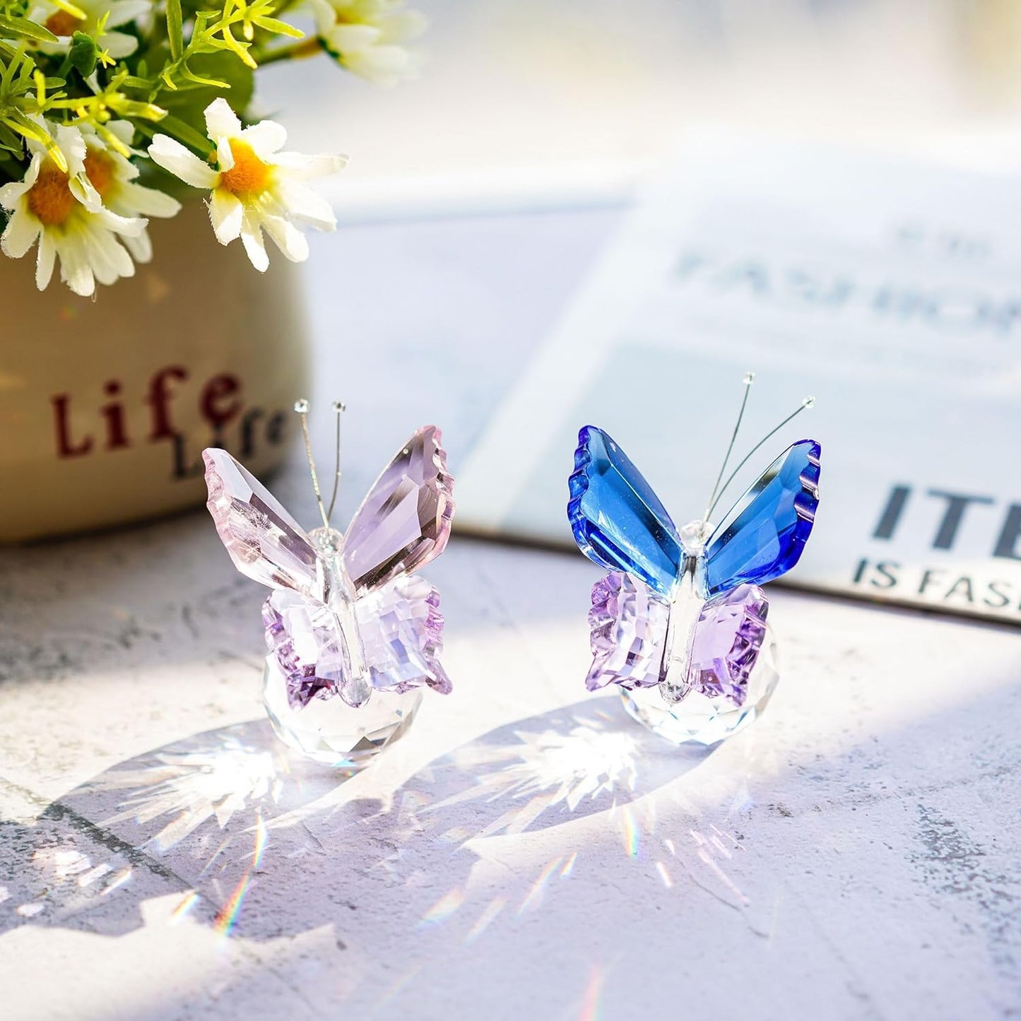 Skiennix Crystal Butterfly Figurines - Elegant Collectible Ornaments with Clear Ball Base | 2-Piece Set