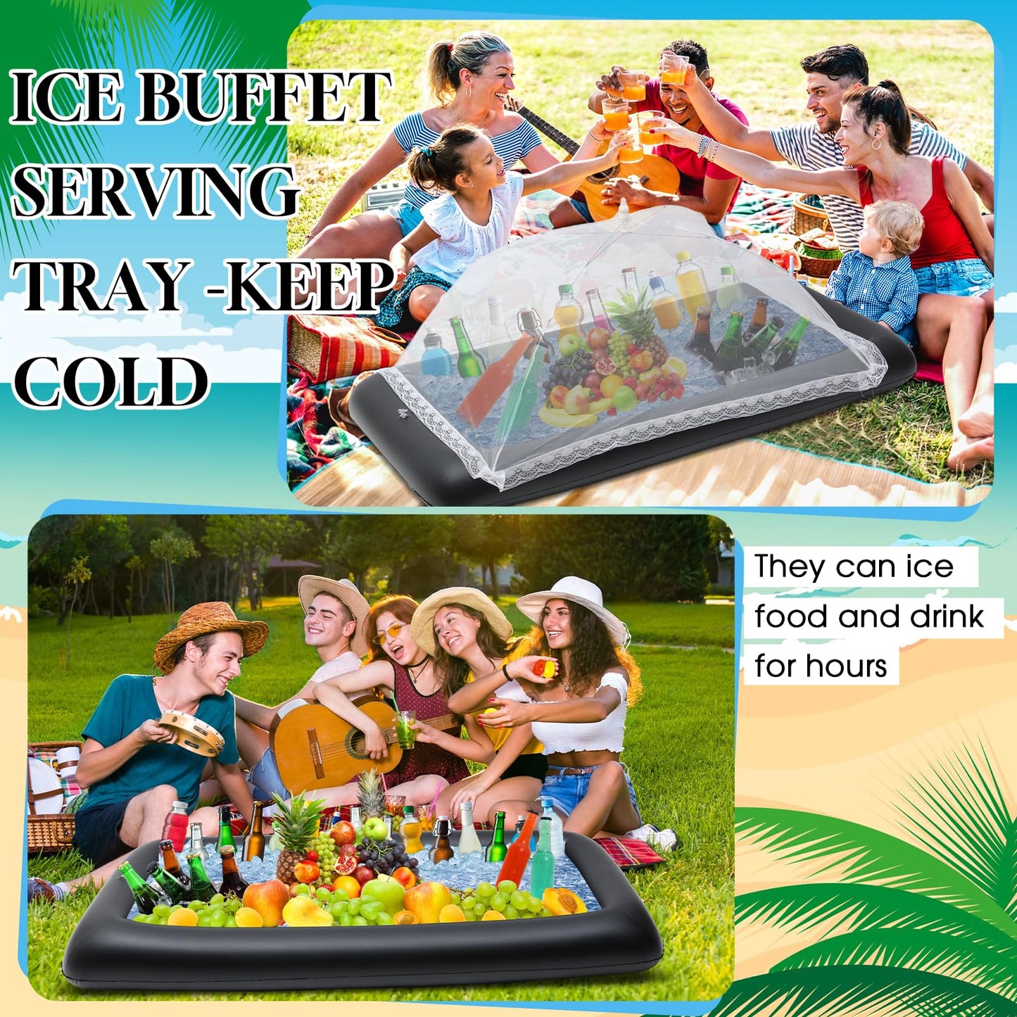 Leitee 3 Pcs Inflatable Serving Bar Kit Includes Salad Buffet Tray with Drain Plug Mesh Food Cover Food Drink Containers and Inflator for Ice Supplies Halloween Party Camping Picnic(Black)