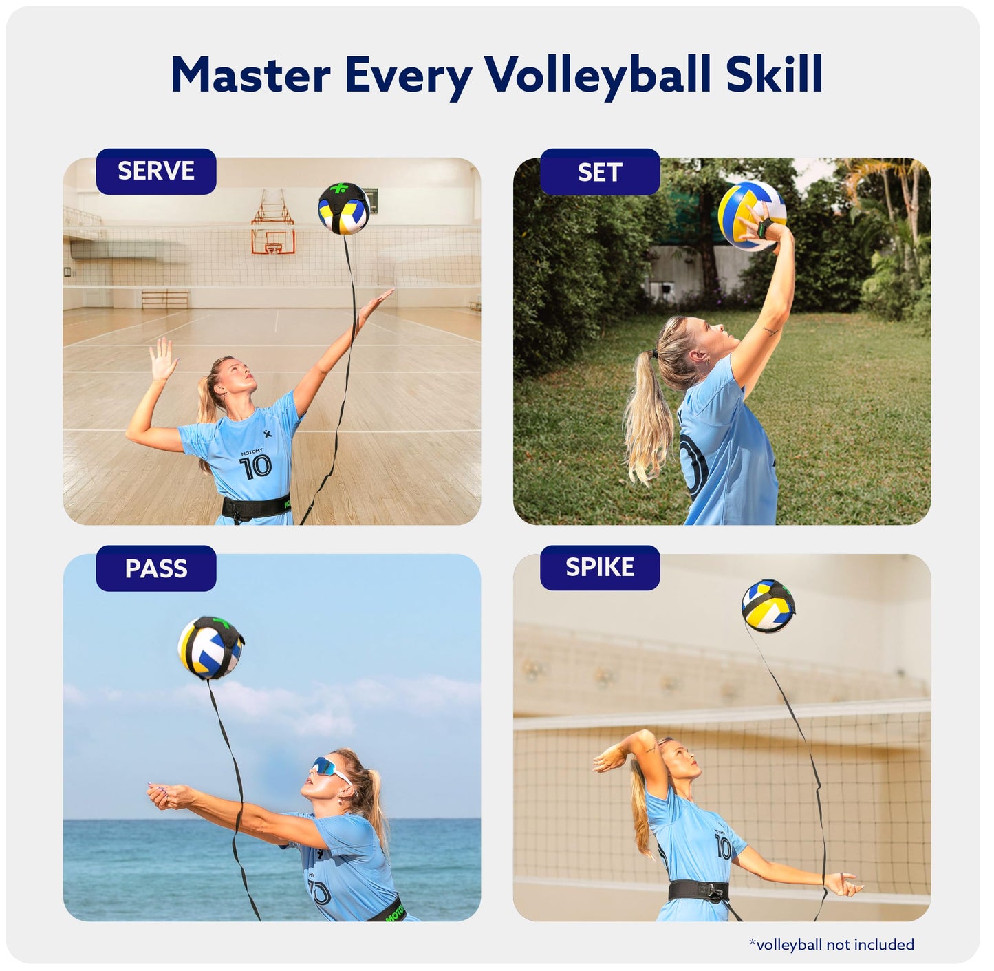 MOTOMY™ Volleyball Training Equipment Aid ‘VolleyPal’ – Solo Rebounder Trainer for Serve, Spike, Set & Pass; Indoor and Outdoor Volleyball Practice Equipment Gear, Volleyball Gifts for Teen Girls
