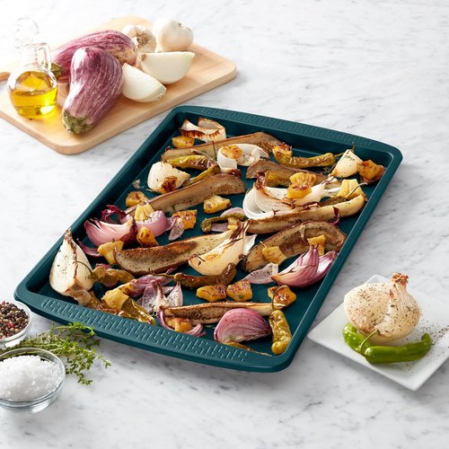 Chicago Metallic Large Nonstick Baking Sheet - 13x18 Inch Jelly Roll Pan in Emerald Green with Textured Grip Handles
