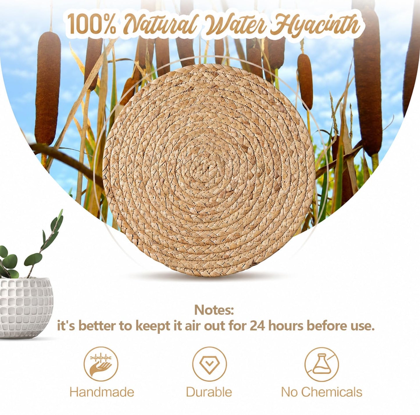 Aofmee 12 inch Round Woven Placemats Set of 6, Boho Rattan Place Mats, Natural Water Hyacinth Table Placemats, Farmhouse Weave Table Mats, Rustic Braided Wicker Charger Plates for Dining Table Decor