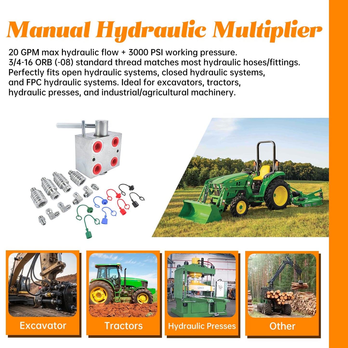 Lamerto Manual Hydraulic Multiplier SCV Splitter Diverter Valve - for Double/Single-Acting Cylinders, 3000 PSI, 20 GPM Flow, 45° Quick Switch, Leak-Proof 3/4-16 ORB (-08) Thread with Coupler Fitting
