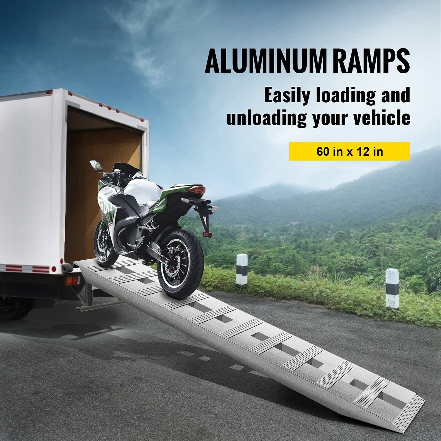 VEVOR Aluminum Ramps, 6000 lbs, Heavy-Duty Ramps with Top Hook Attaching End, Universal Loading Ramp for Motorcycle, Tractor, ATV/UTV, Trucks, Lawn Mower, 60" L x 12" W, 2Pcs