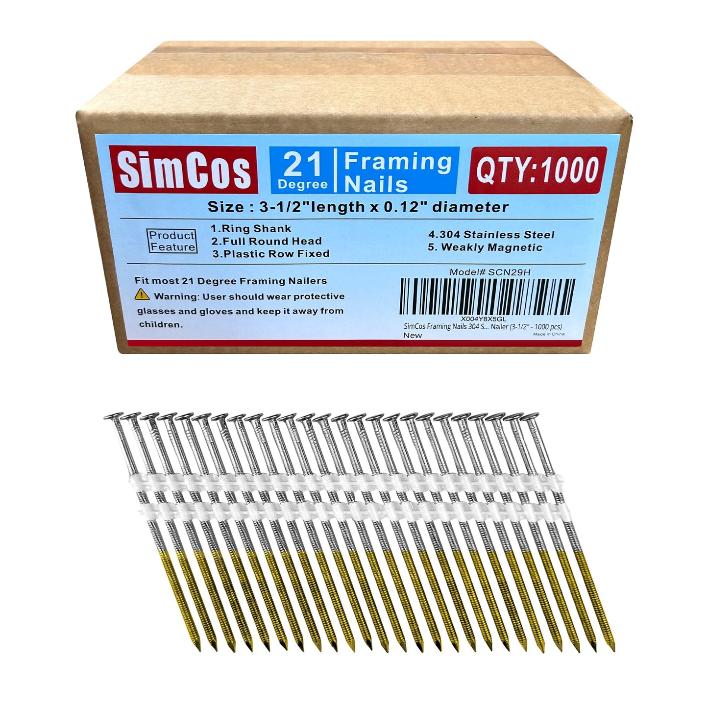 SimCos Framing Nails 304 Stainless Steel 21° Full Round Head Nail 21 Degree Ring 3-1/2” Shank Nail for Pneumatic, Electric 21 degree Framing Nailer (3-1/2" - 1000 pcs)