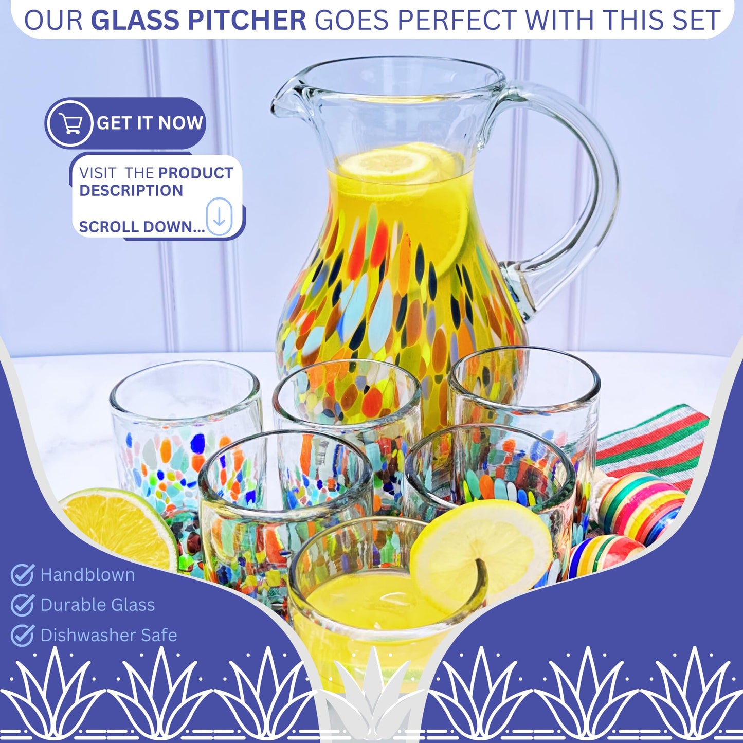 AGAVE'S GLASSWARE Glass Pitcher (84 oz) | Confetti Carmen Water Pitcher | Mexican Glassware | Pitchers for Drinks | Tea Picher Juice Pitcher (Pera Design Confetti Carmen 84 oz)