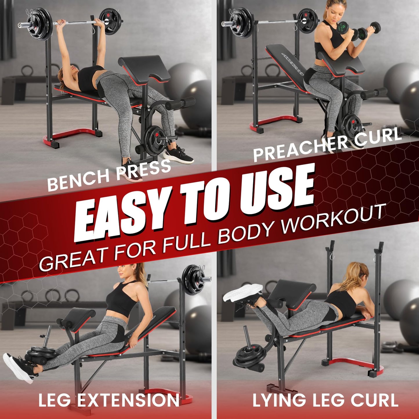 OPPSDECOR Adjustable Weight Bench with Leg Extension, Leg Curl & Preacher Curl, Foldable Workout Bench Set with Rack for Home Gym Full Body Strength Training