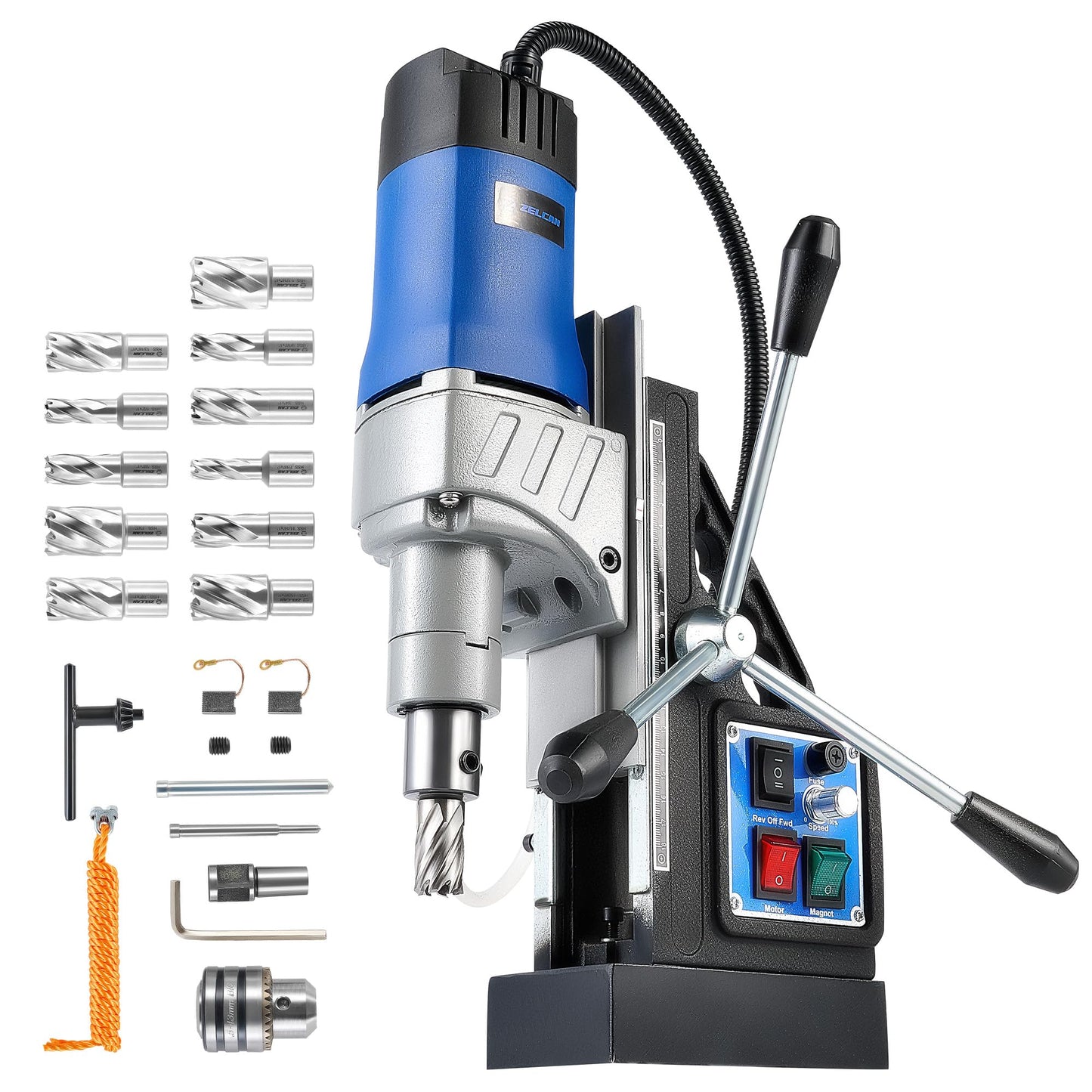 ZELCAN Mag Drill Press with 11 Pcs Bits, 1550W Portable Magnetic Drill Press with 2" Boring Diameter, 0-580 rpm Stepless Speed & Reversible Direction, 2922 lbf Power Magnetic for Metal Surface