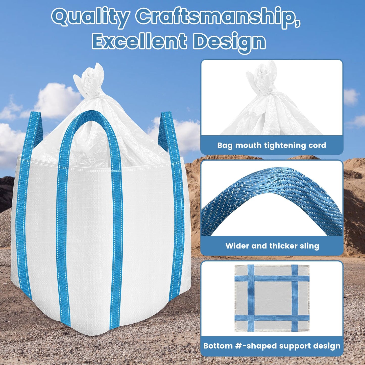FIBC Bulk Bag, 1 Ton Bag, 35"L x 35"W x 43"H, 2000 lbs SWL, 6 Pack, Duffle Top Flat Bottom, Heavy Duty Woven Polypropylene Bags for Industry Construction