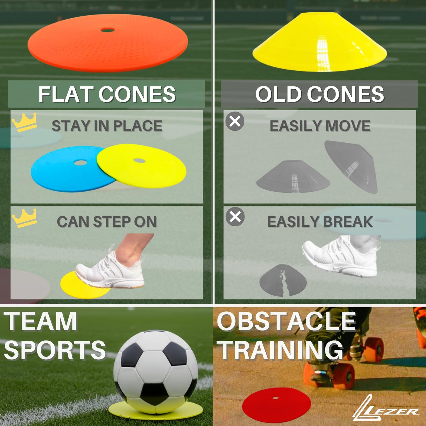 LEZER 9 Inch Flat Cones, Spot Markers, Soccer Cones, Field Court Markers, Sit Spots, Flat Discs, Soccer Training Equipment, Agility Practice, Football, Made in Taiwan, Set of 6