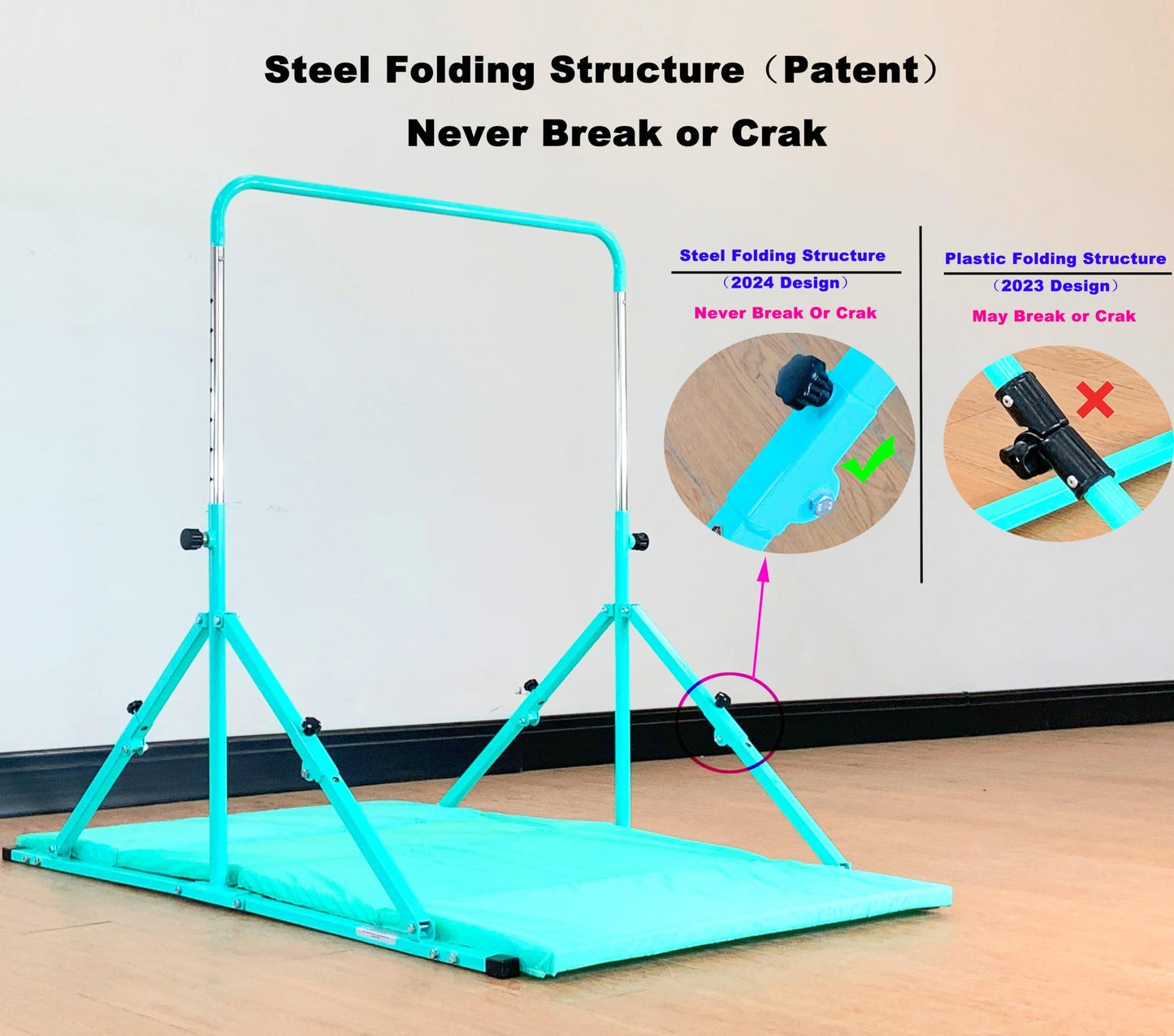 MARFULA Foldable Gymnastic Bar for Kids Ages 3-12, 9 Height Levels, 200 lbs Weight Capacity, 5 Ft Length Gymnastic Kip Bar with Mat, Gymnastic Equipment for Home and Gym Center Indoor Outdoor Use