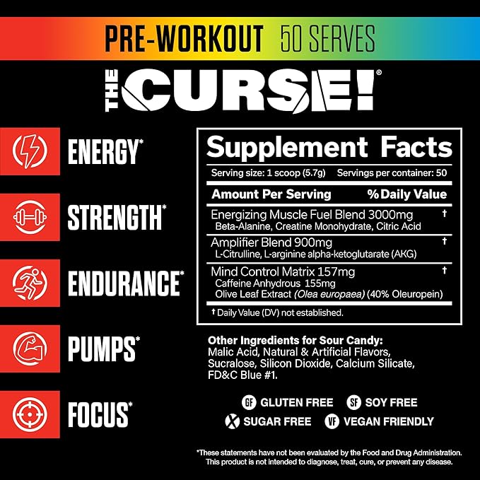 JNX SPORTS The Curse! Pre Workout Powder for Men & Women, Caffeine, Beta-Alanine, Creatine, L-Citrulline, 50 Servings, Sour Candy Flavor ??Boost Energy, Strength & Focus