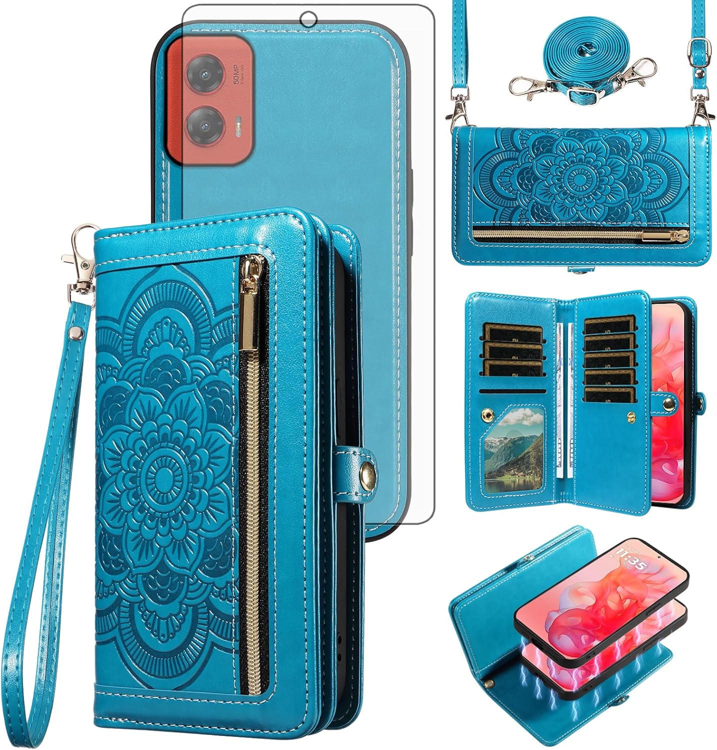 Asuwish 5G 2024 G5 Phone Case for Motorola Moto G Stylus Zipper Wallet Magnetic Detachable Cell Cover with Tempered