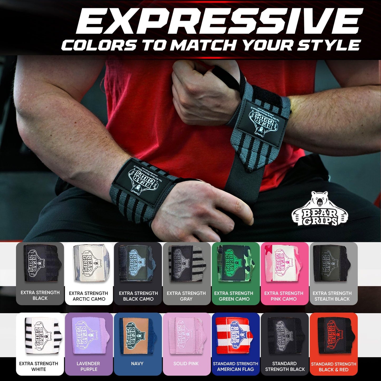 Bear Grips Extra Strength Gym Wrist Wraps for Weightlifting | 2 Wrist Wraps Per Pack | 12" & 18" | Unisex