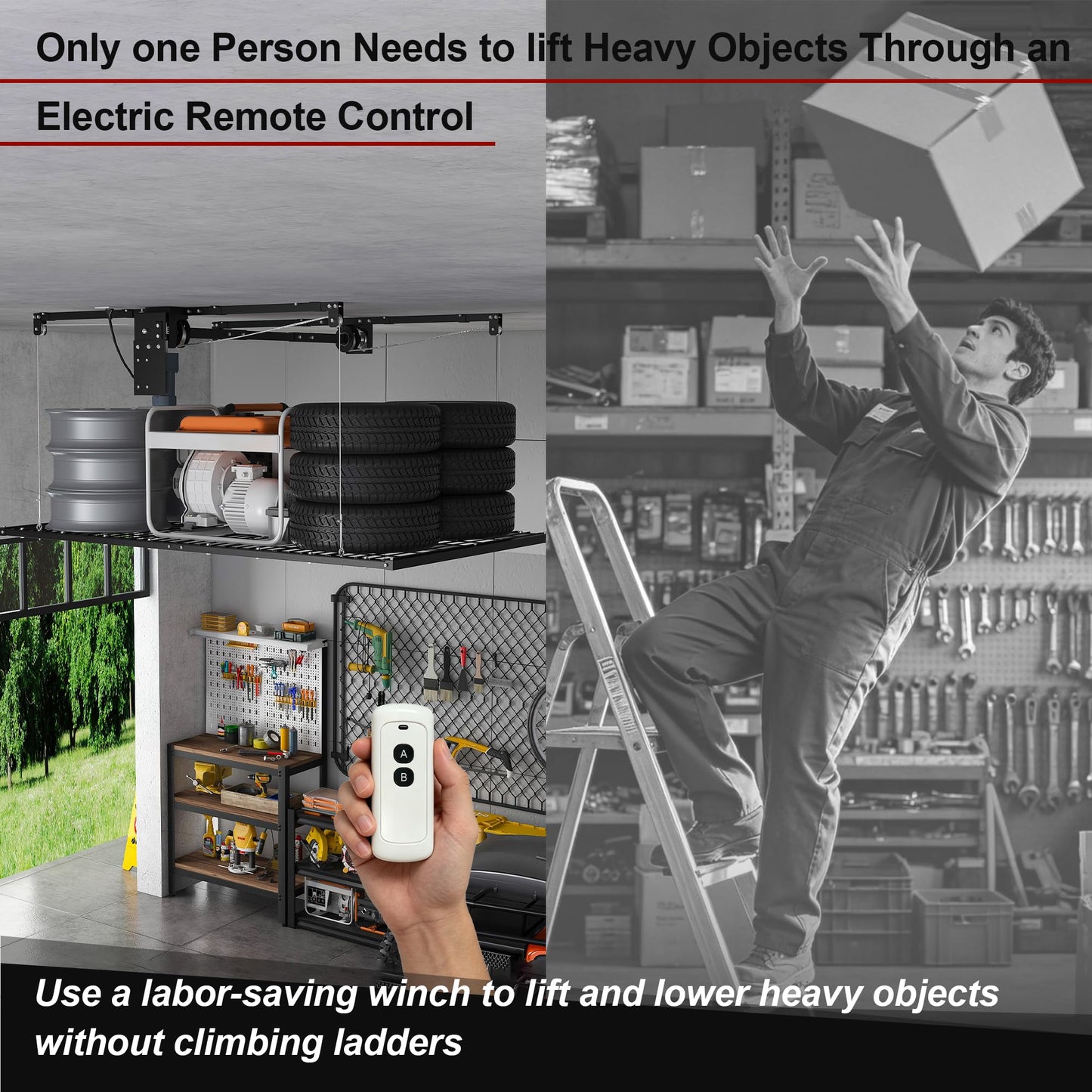 Electric Overhead Garage Storage Lift 4x8 FT, Remote Controlled Ceiling Storage Rack for 10-12 ft High Ceilings, Heavy Duty Steel Garage Organizer Storage System, 450LBS Capacity with Safety Lock