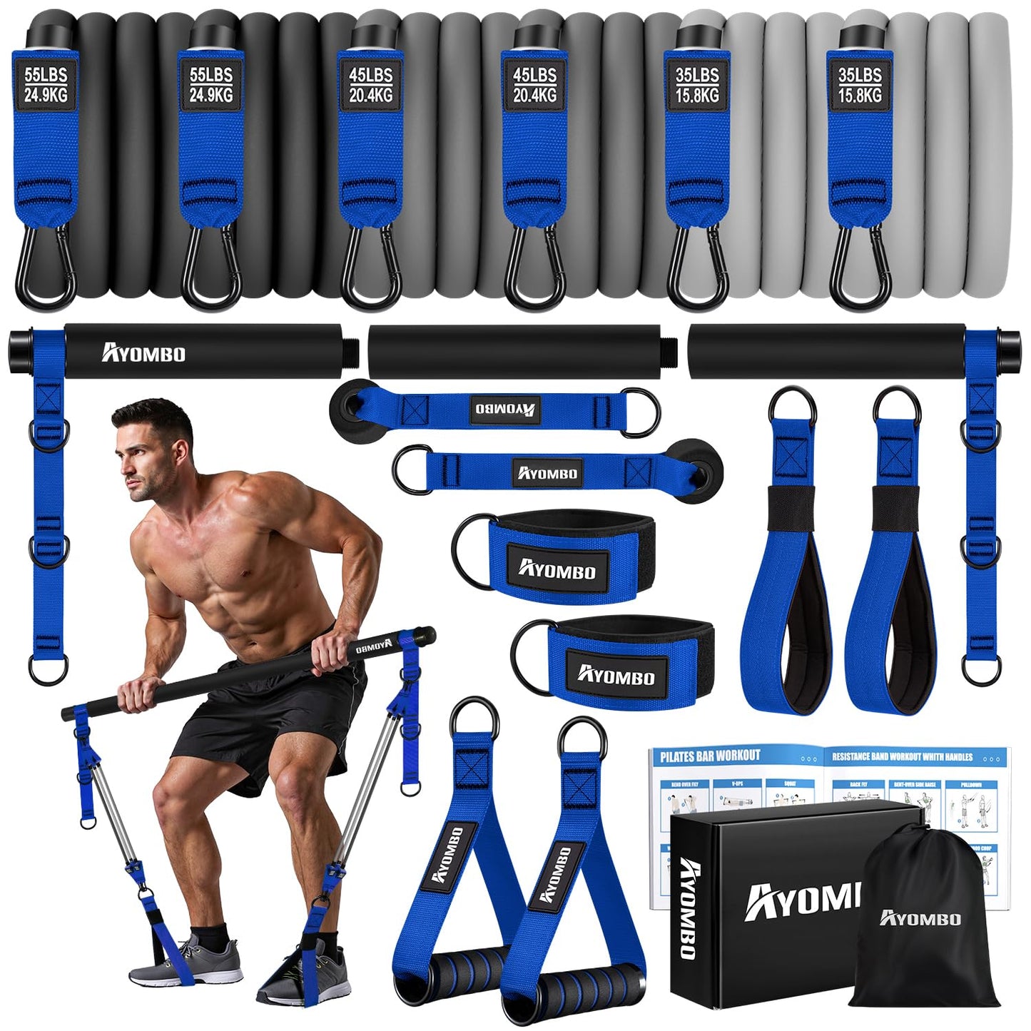 Ayombo Pilates Equipment, Heavy Duty Pilates Bar Kit with Resistance Bands, Portable Gym Pilates Bar for Home Squat Exercise, Legs, Waist, Arm, Abs, Chest, Shoulders Muscle Strength Workout Equipment