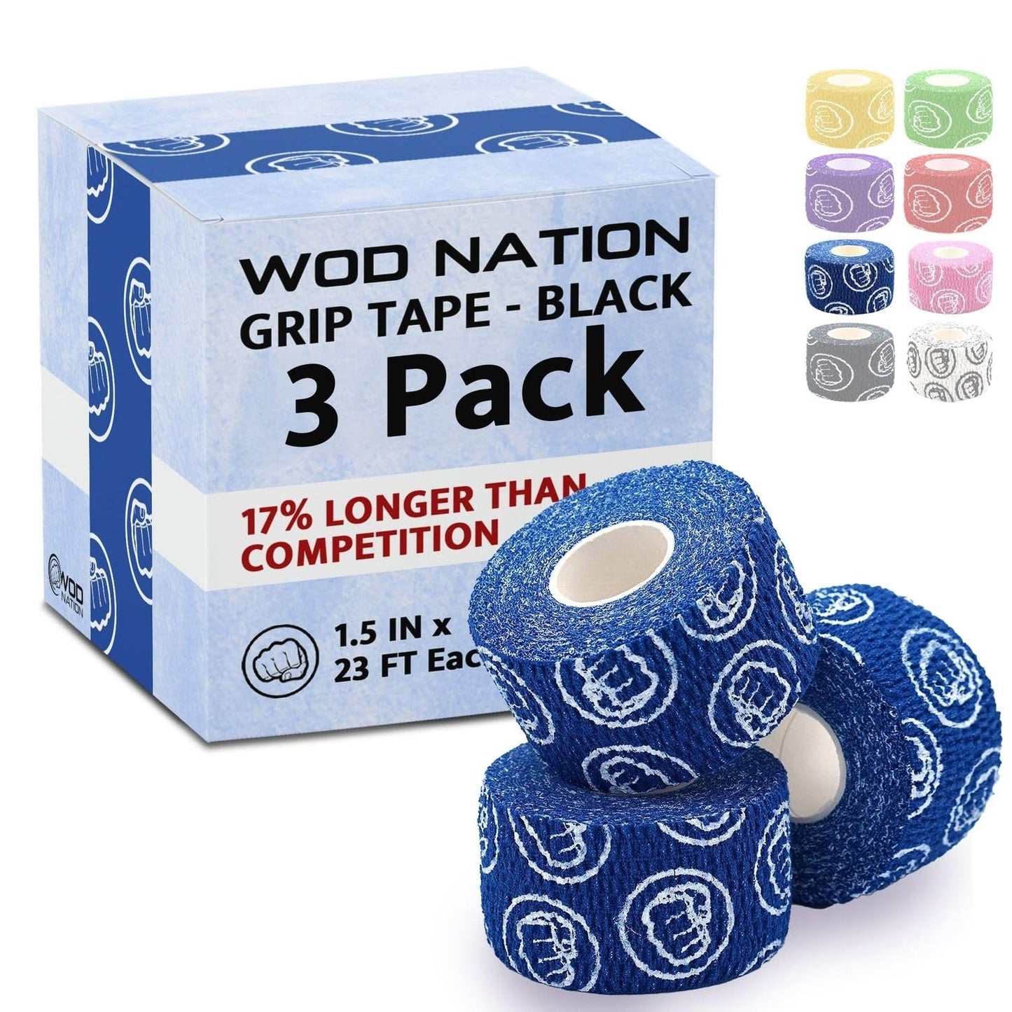 WOD Nation Weightlifting Hook Grip Athletic Tape - Sweat-Proof Thumb Tape - Anti-Blister Weightlifting Grips - Moldable Stretch Gym Wrap - Pack of 3 Rolls, 23 ft Each, Blue