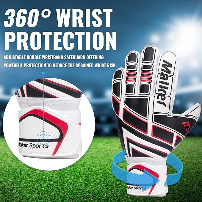 Malker Soccer Goalie Gloves Goalkeeper Gloves with Fingersave and Double Wrist Protection, Strong Grip Goalkeeper Gloves for Kids, Youth, Adults
