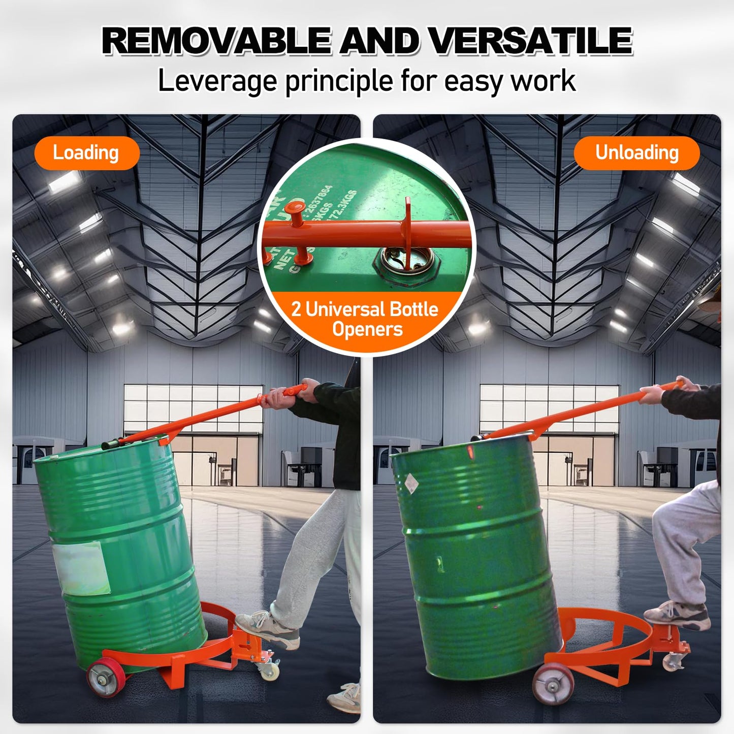 55 Gallon Drum Dolly, 1200 lbs Load Capacity, Adjustable Handle Barrel Dolly Cart with One 360° Swivel Lockable Wheel, Low Profile Steel Oil Drum Caddy for Warehouse, Workshop, Factory, Dump Station
