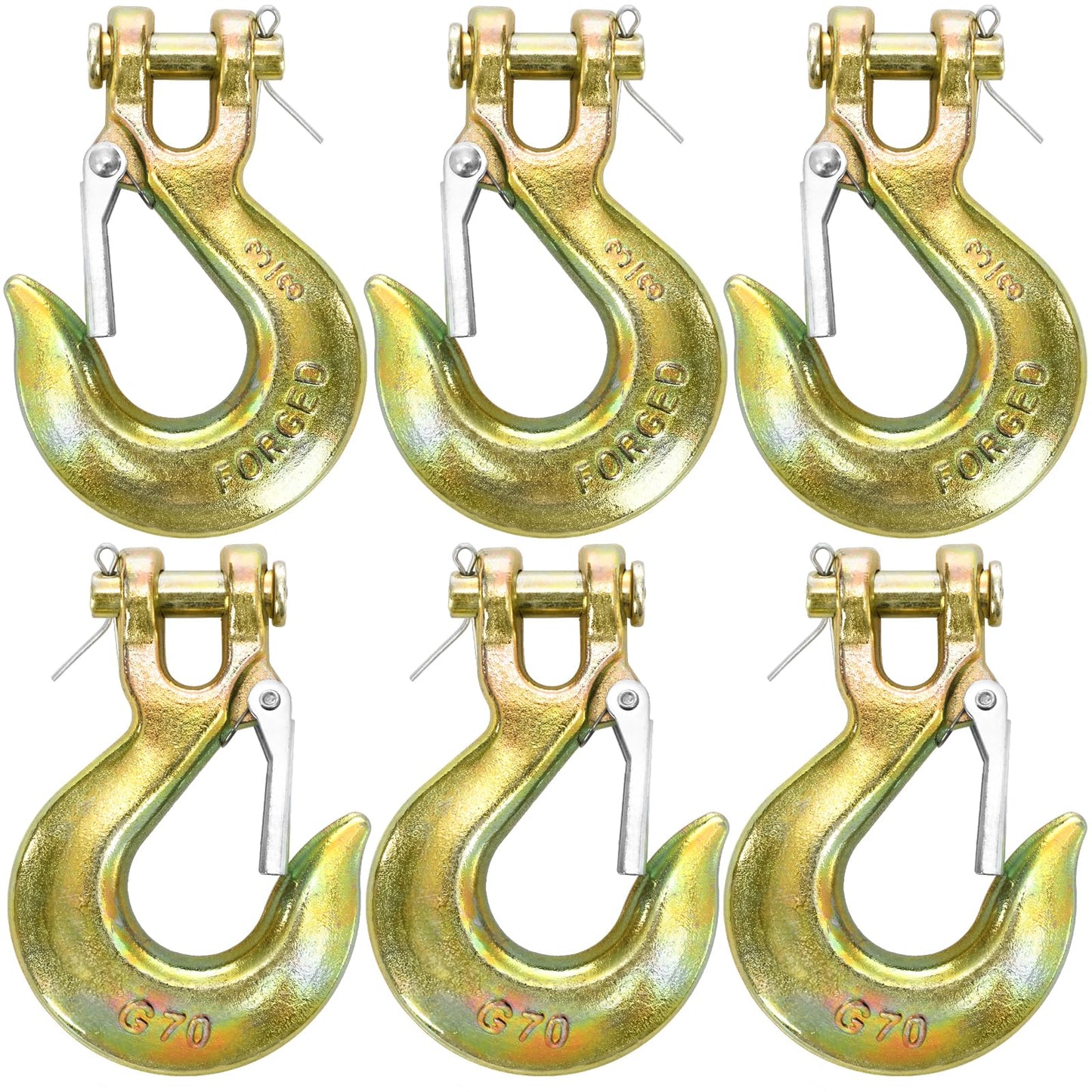 Lawei 6 Pack 3/8 Inch Clevis Slip Hook with Safety Latch, G70 Forged Steel Chain Hooks, Heavy Duty Solid Tow Hook for Truck Trailer Winch Transport, 18,000lbs Capacity, Yellow Zinc Coated Hooks