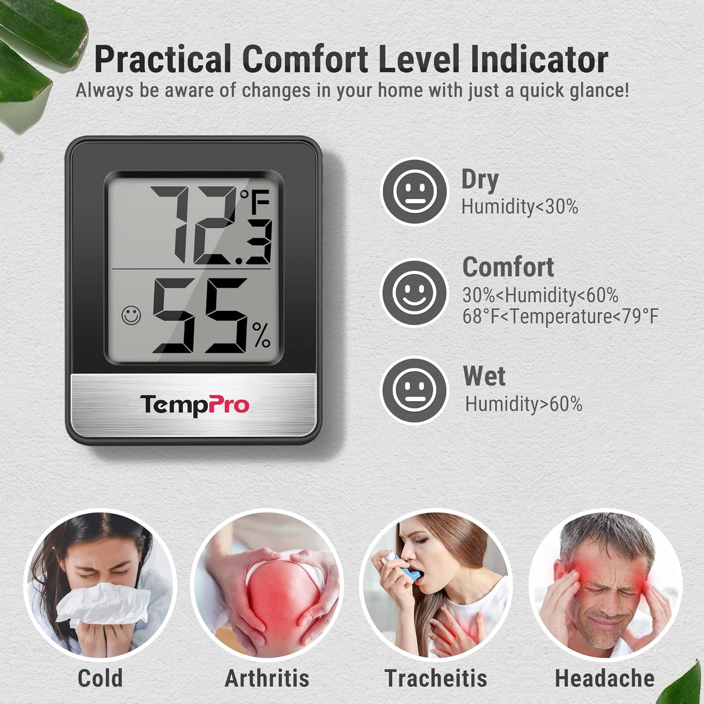 TempPro Digital Hygrometer - Accurate Indoor Thermometer & Humidity Meter | Mini Black Weather Station