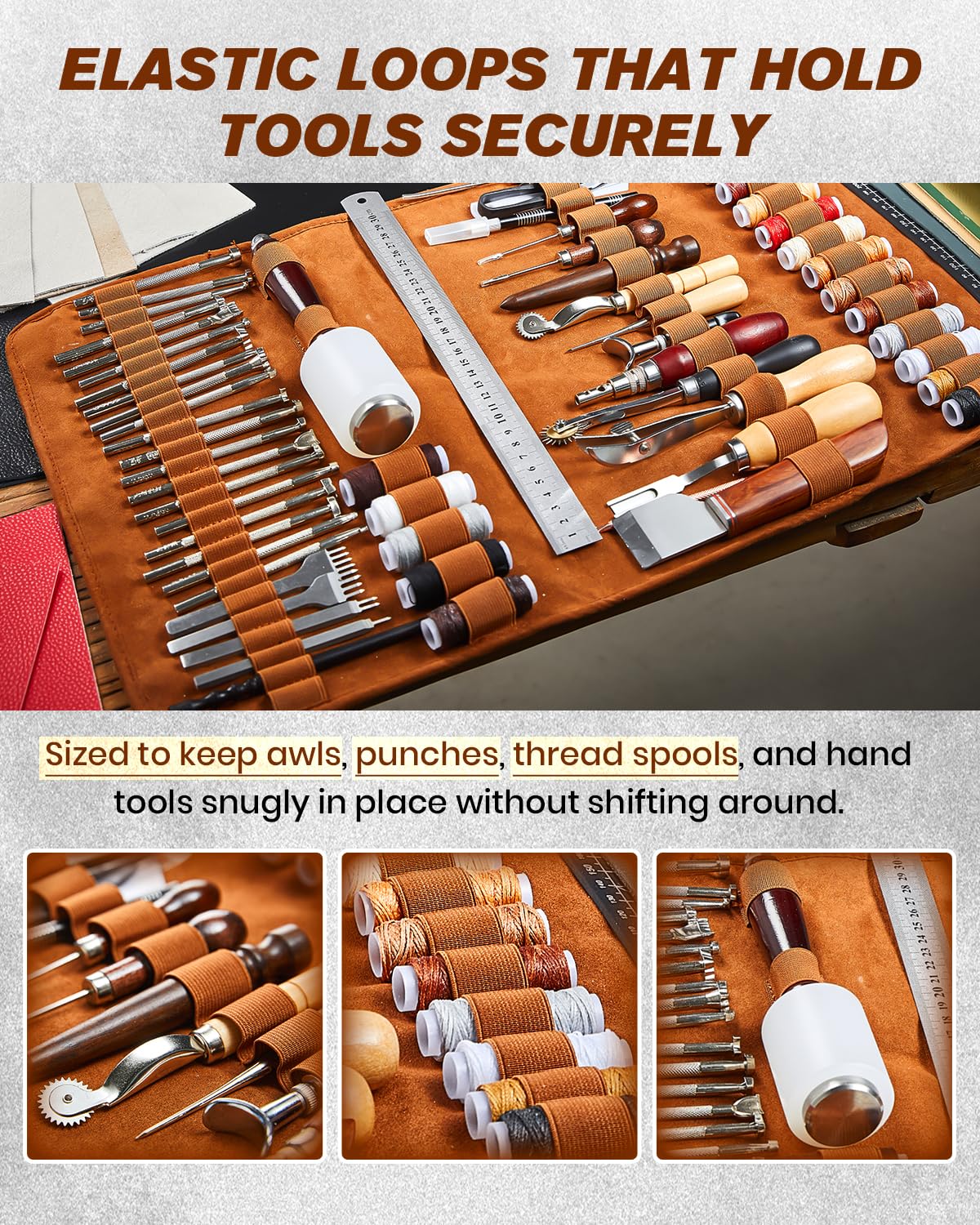 SAKERNEO Leather Working Tools kit Max Version with Custom Handbag Cutting Mats Engraving Punching Sewing Stamping Sanding Tools for Handicraft Work,Repair