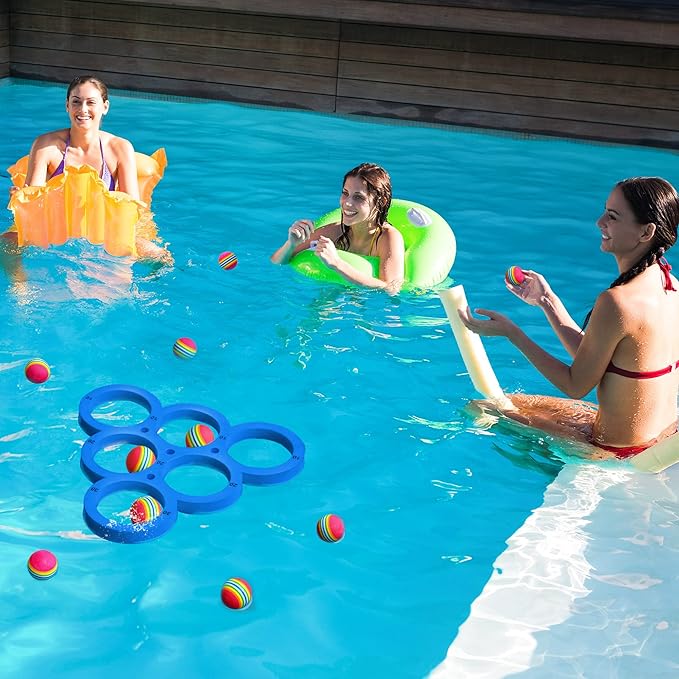 Hiboom Pool Game with Score, Combo Foam Pool Floats with 10 Colorful Tossing Balls, Toss Game Swimming Party Toys Accessories for Family Par, Dive Rings(Triangle,Blue)
