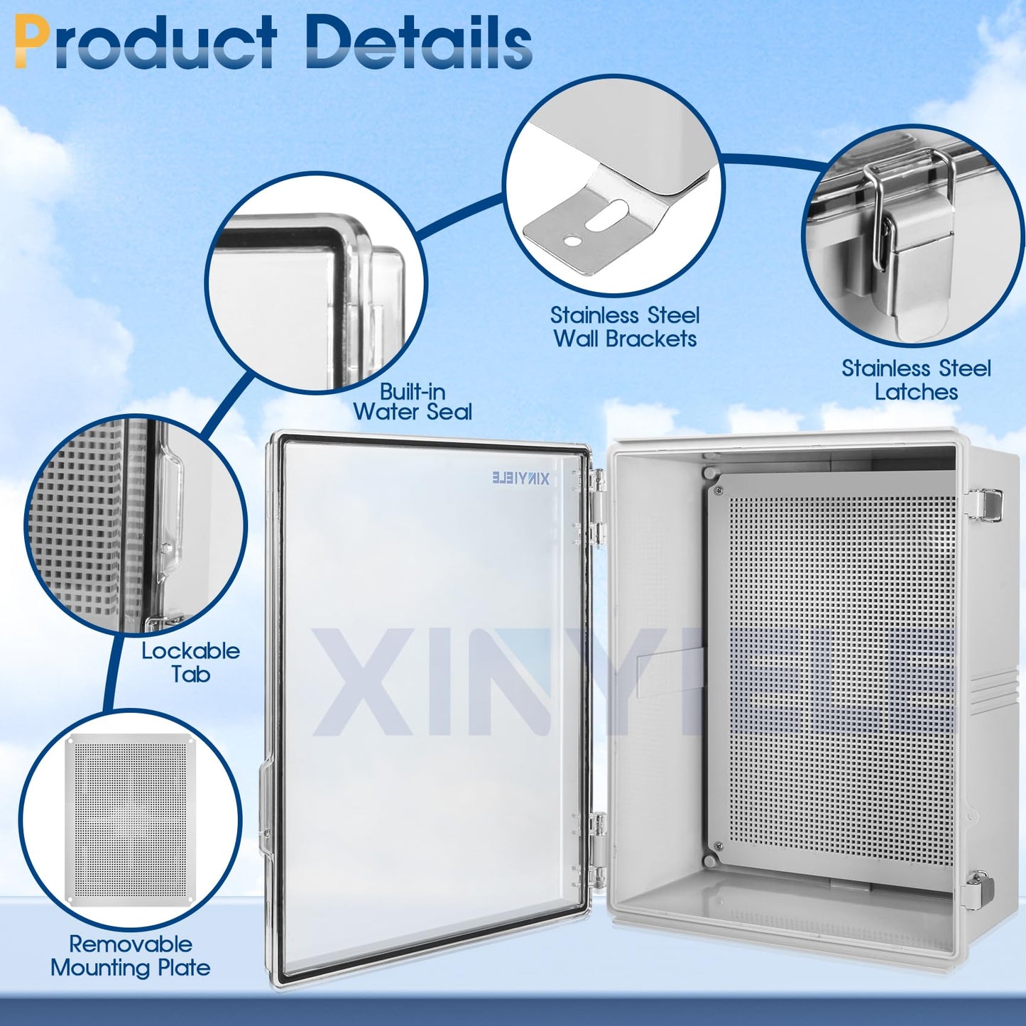 XINYIELE Waterproof Outdoor Project ABS Plastic Junction Box IP67 Weatherproof Dustproof Enclosure with Hinged Cover, Mounting Plate,Wall Brackets for Power Project (Clear,19.7"x15.7"x7.9")