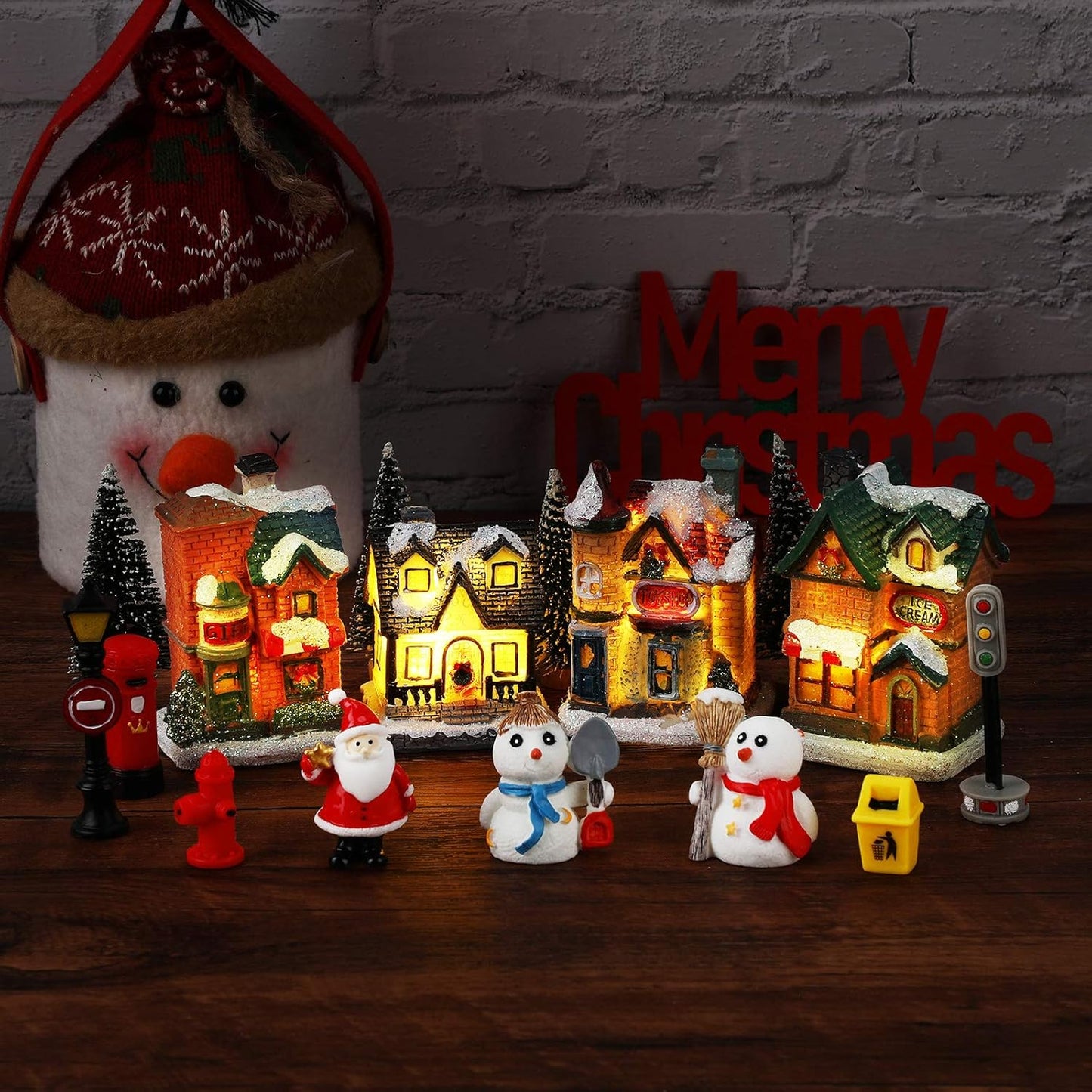 Skiennix 16-Piece Christmas Village Houses Set - LED Light-Up Figurines & Mini Accessories for Festive Decor