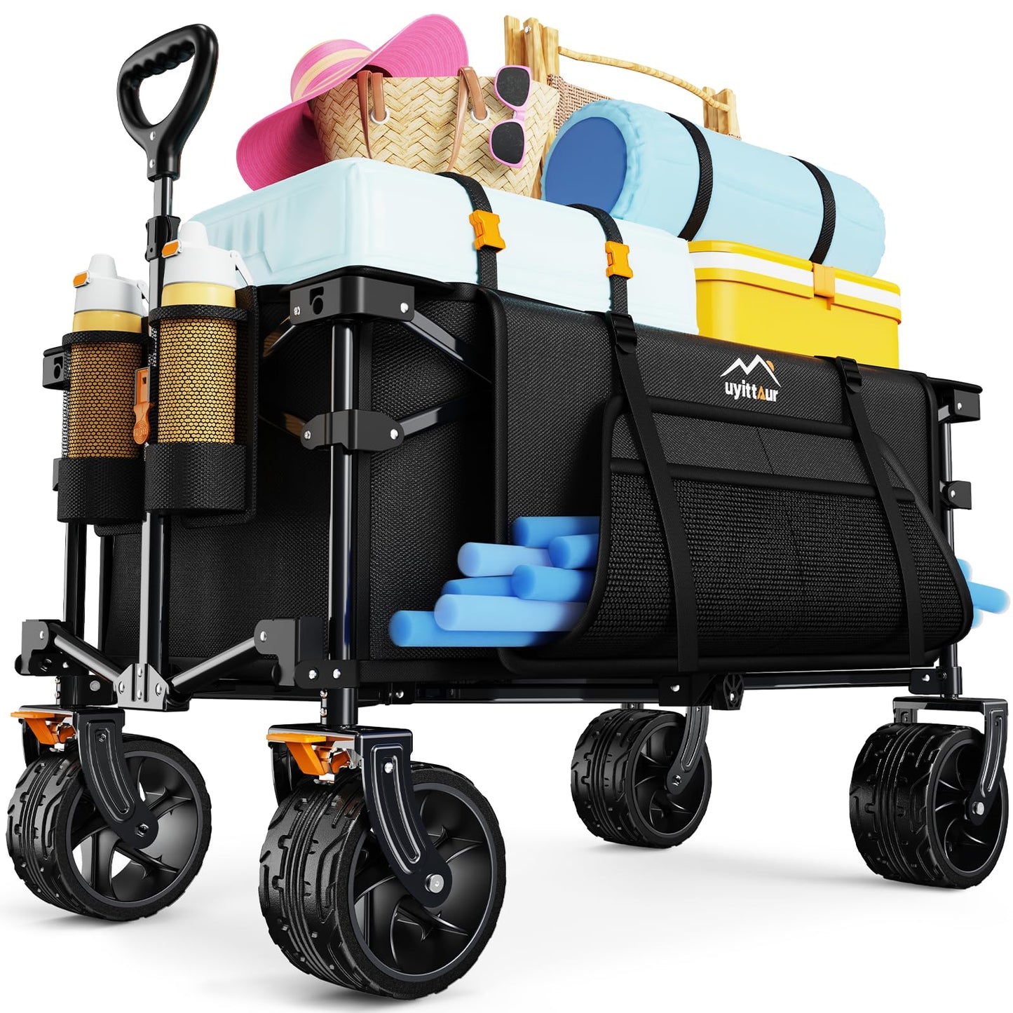 Uyittour Collapsible Wagon Cart Heavy Duty Foldable, Folding Beach Wagon with Big Wheels for Sand, Utility Grocery Cart with Side Pocket and Brakes for Camping Sports Outdoor Activities, Black