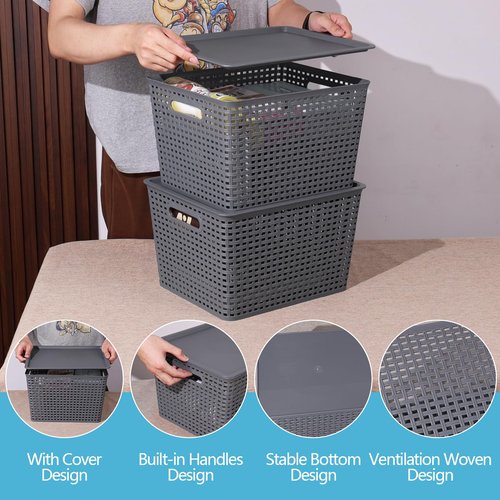 Gainhope 6-Pack Large Plastic Storage Baskets with Lid, 13.98" x 11.57" x 8.66", Stackable Storage Container Organizer Bins for Office, Bathroom, Kitchen, Pantry, Gray