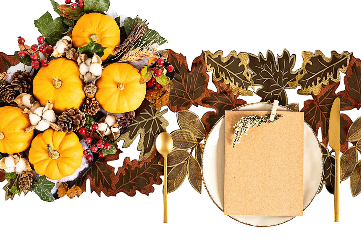 Fall Table Runner 13.7×68.8 Inches with Embroidered Maple Leaves, Thanksgiving Farmhouse Harvest Theme Dinning Coffee Table Decor Autumn Decorations for Home
