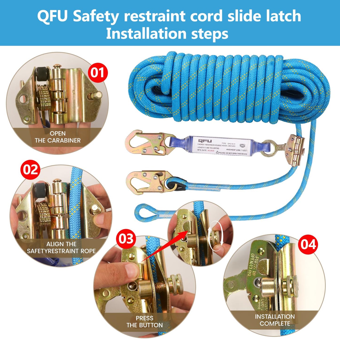 QFU 25 50 100FT Fall Protection Safety Rope - Heavy Duty Vertical Roof and Tree Climbing Rope, equipped with alloy steel clips, shock-absorbing rope, safety harness, ANSI certified