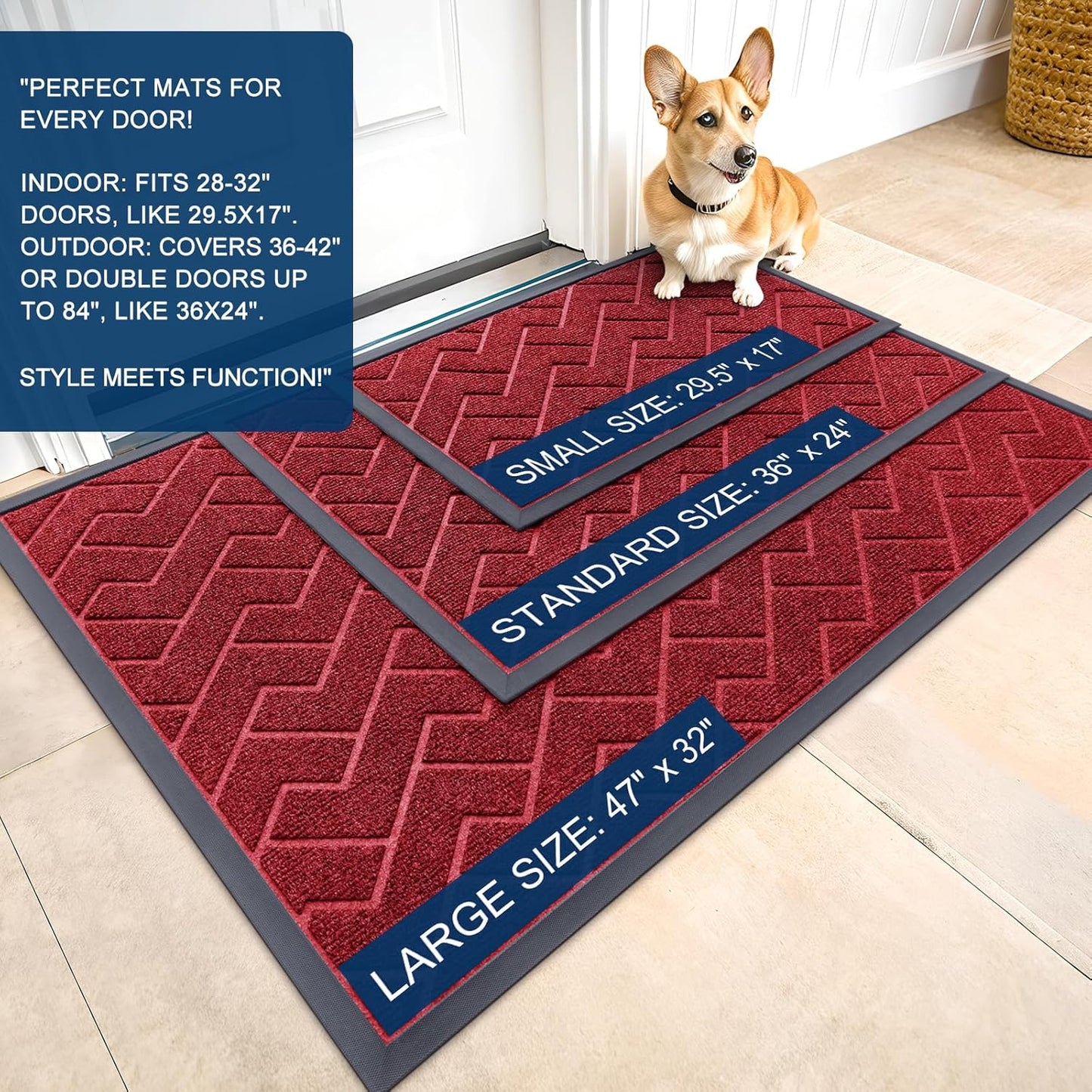 OLANLY Waterproof Front Door Mat - All-Season Herringbone Doormat | Easy Clean, Low Profile, Wine Red (47x32)