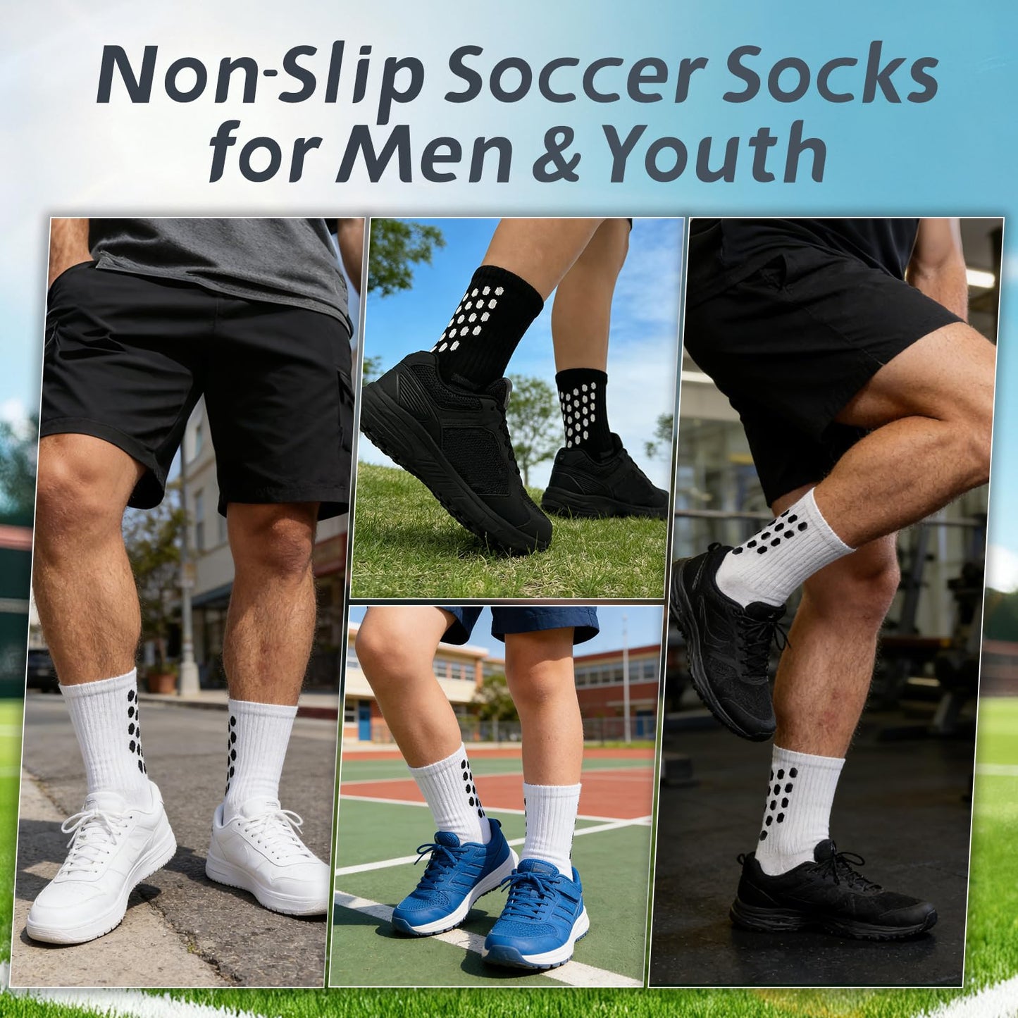 vibsteps 4 Pairs Anti Slip Soccer Grip Socks for Men & Youth, Breathable Mesh Non Slip Football Socks for Academy Players, Black