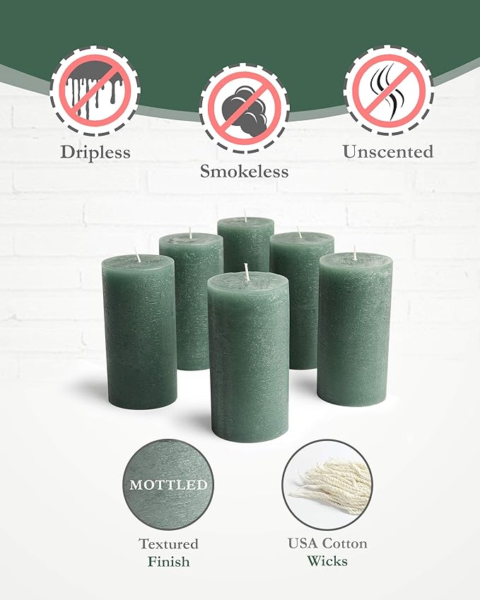 Mottled Pillar Candles by Bask - Set of 6-3" x 6" Dripless Unscented Candles in Dark Green for Home Decor, Relaxation & All Occasions