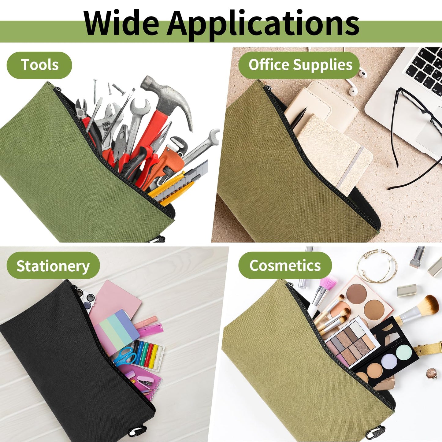 COIDEA Tool Bag Zipper Pouch, Premium Tool Pouch, Utility Multipurpose Storage Organizer Tool Pouches with Carabiner Metal Zipper for Tools (6 Pack, Tan, Navy Green, Black, Light Brown, Grey, Mocha)